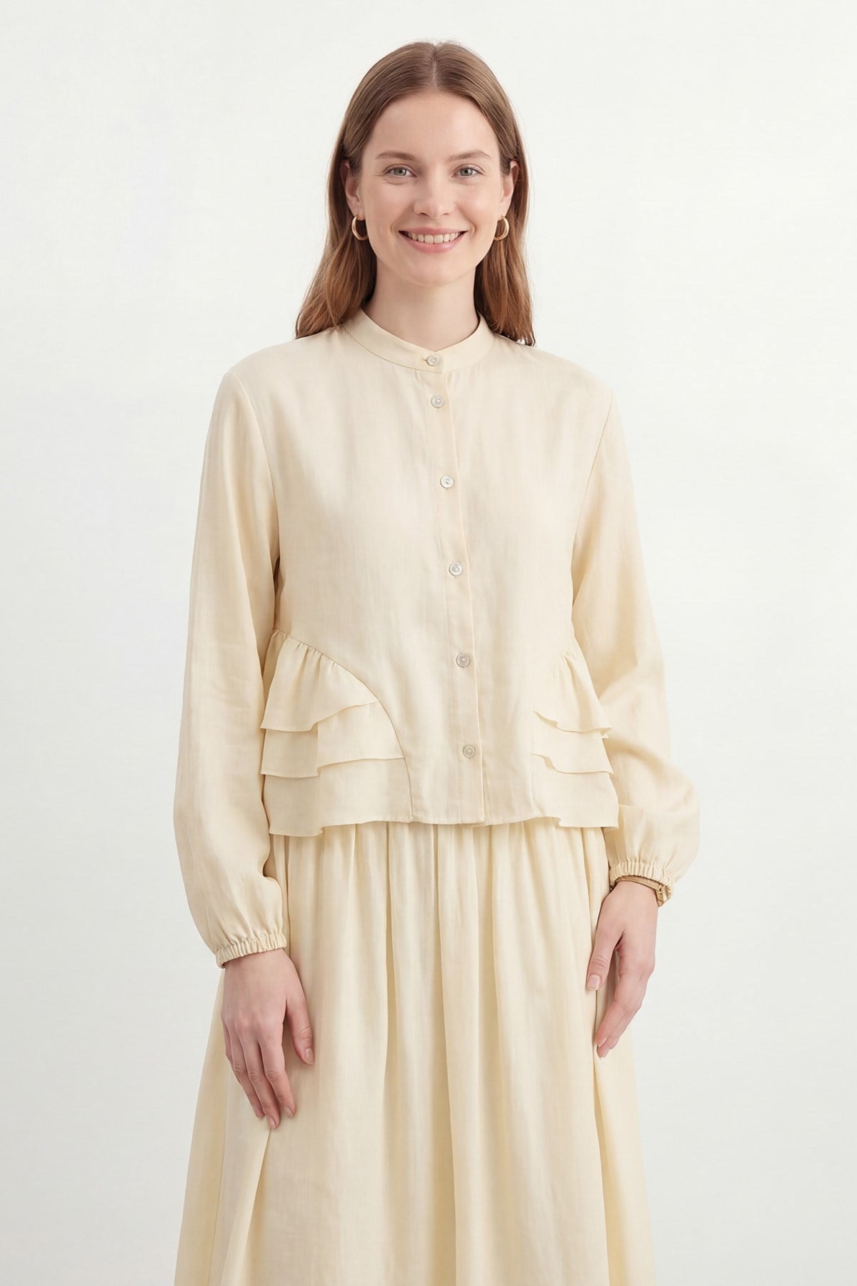 Kadın Hakim Yaka Fırfır Detaylı Tencel Tunik Etek Takım – 32502TKS - Taş İkili Takımlar Soul 