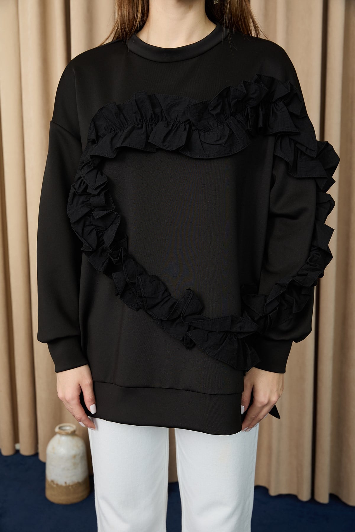 Kadın Kalp Şeklinde Fırfırlı Oversize Tunik - 20715TUN - Siyah-Siyah Tunik Loreen 