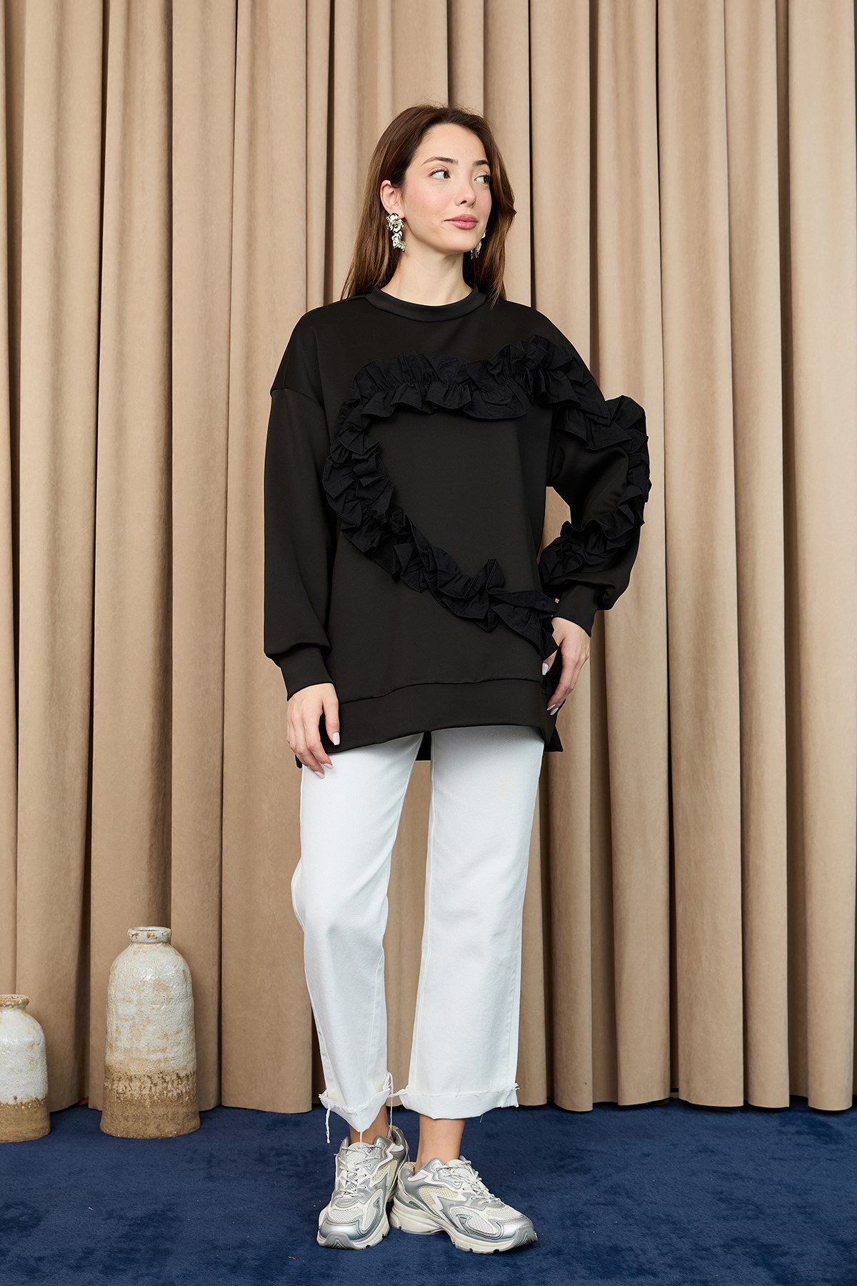 Kadın Kalp Şeklinde Fırfırlı Oversize Tunik - 20715TUN - Siyah-Siyah Tunik Loreen 