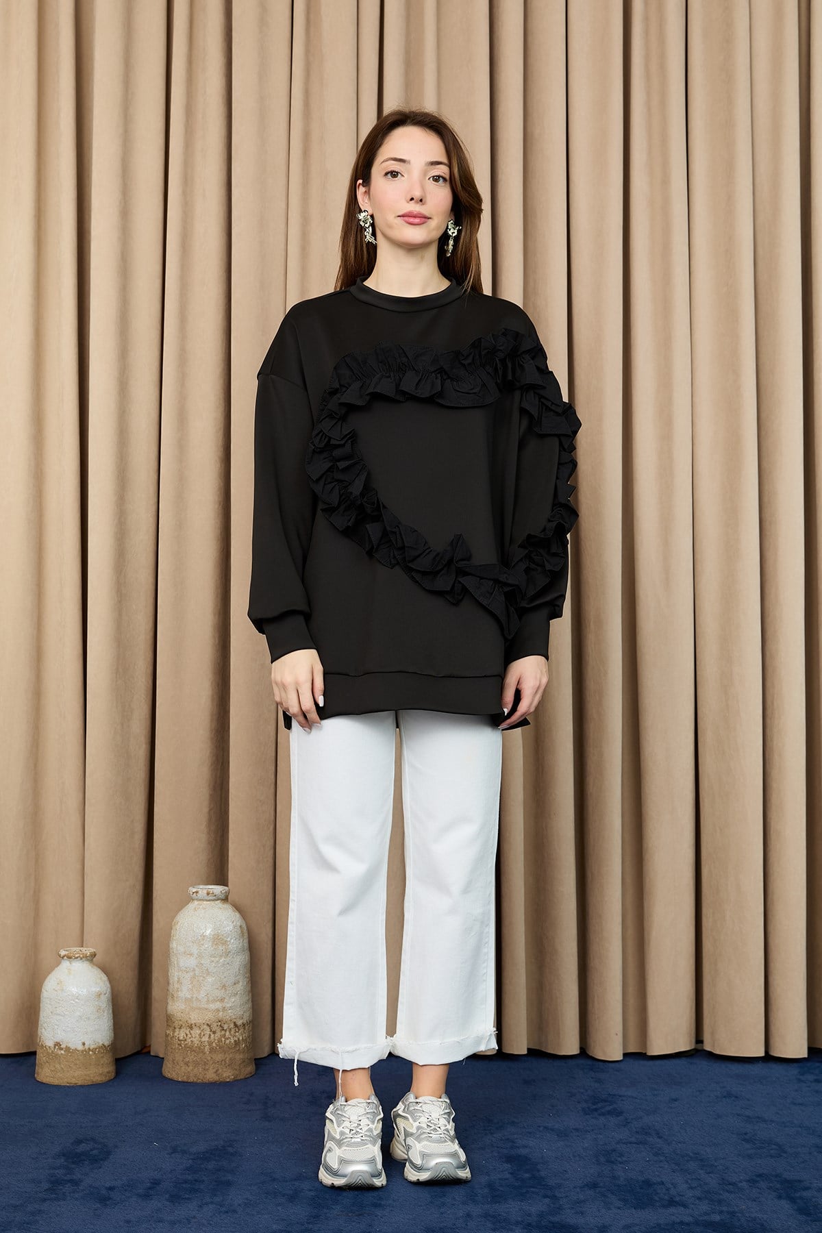 Kadın Kalp Şeklinde Fırfırlı Oversize Tunik - 20715TUN - Siyah-Siyah Tunik Loreen 