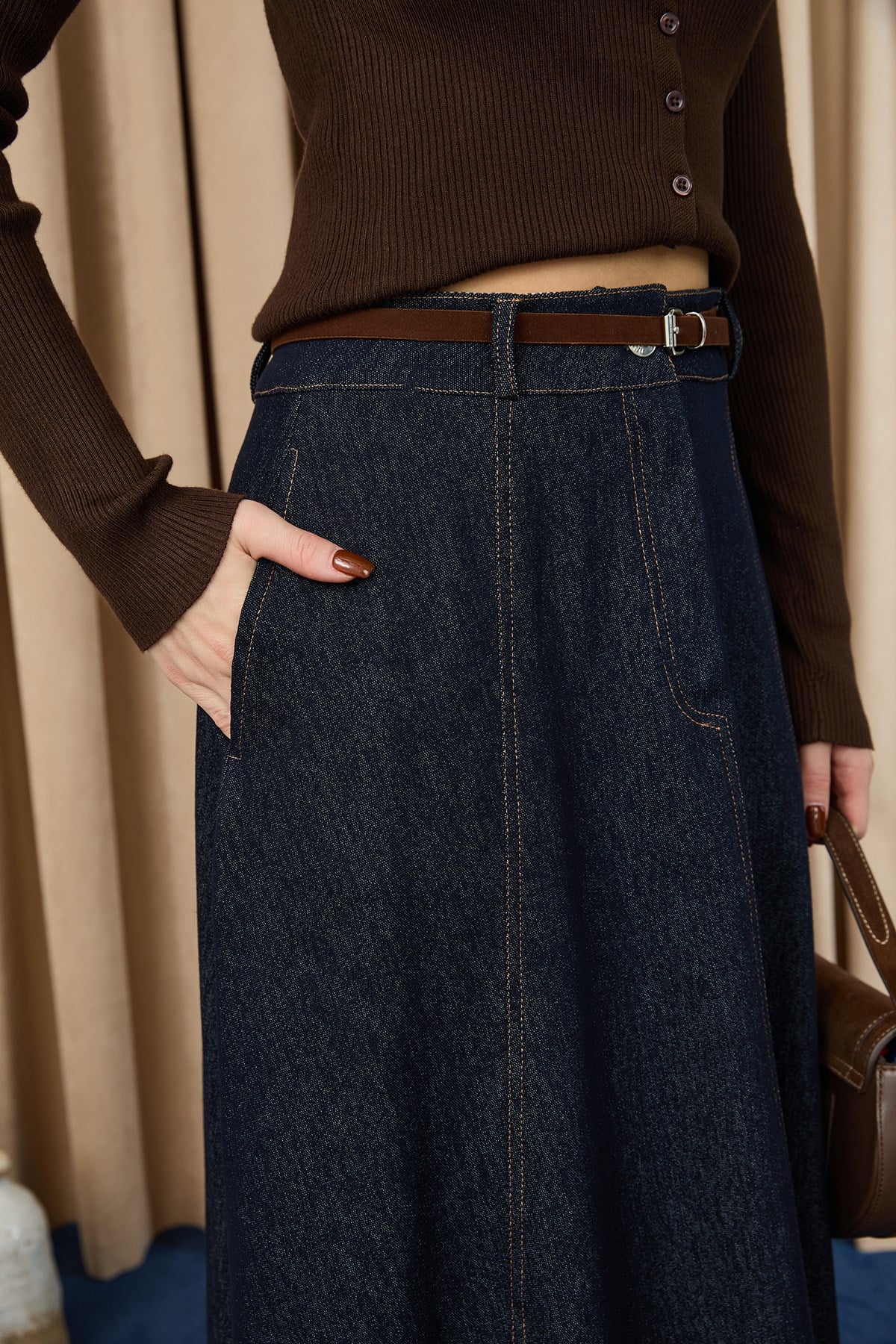 Kadın Kemerli Denim Etek  -  32424ETK - Lacivert Etek Soul 