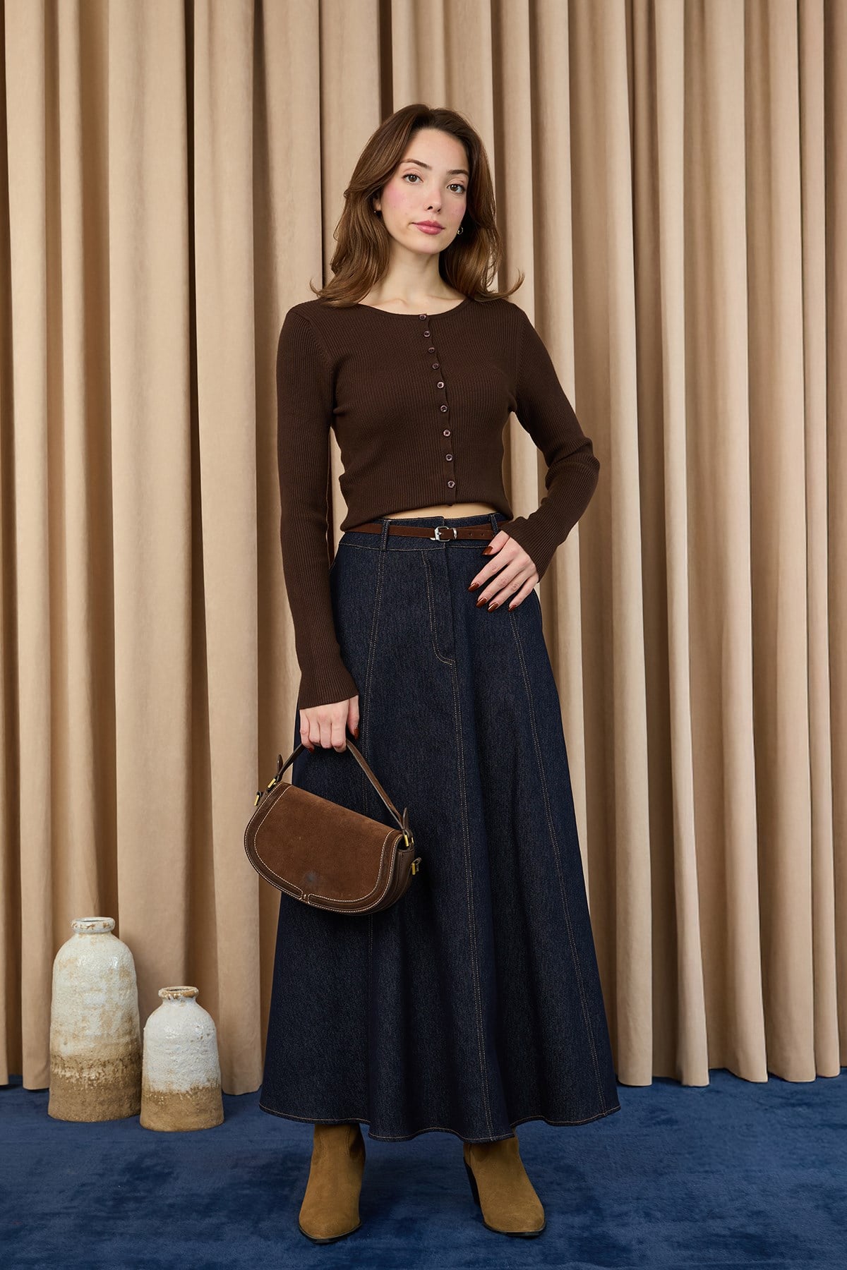 Kadın Kemerli Denim Etek  -  32424ETK - Lacivert Etek Soul 