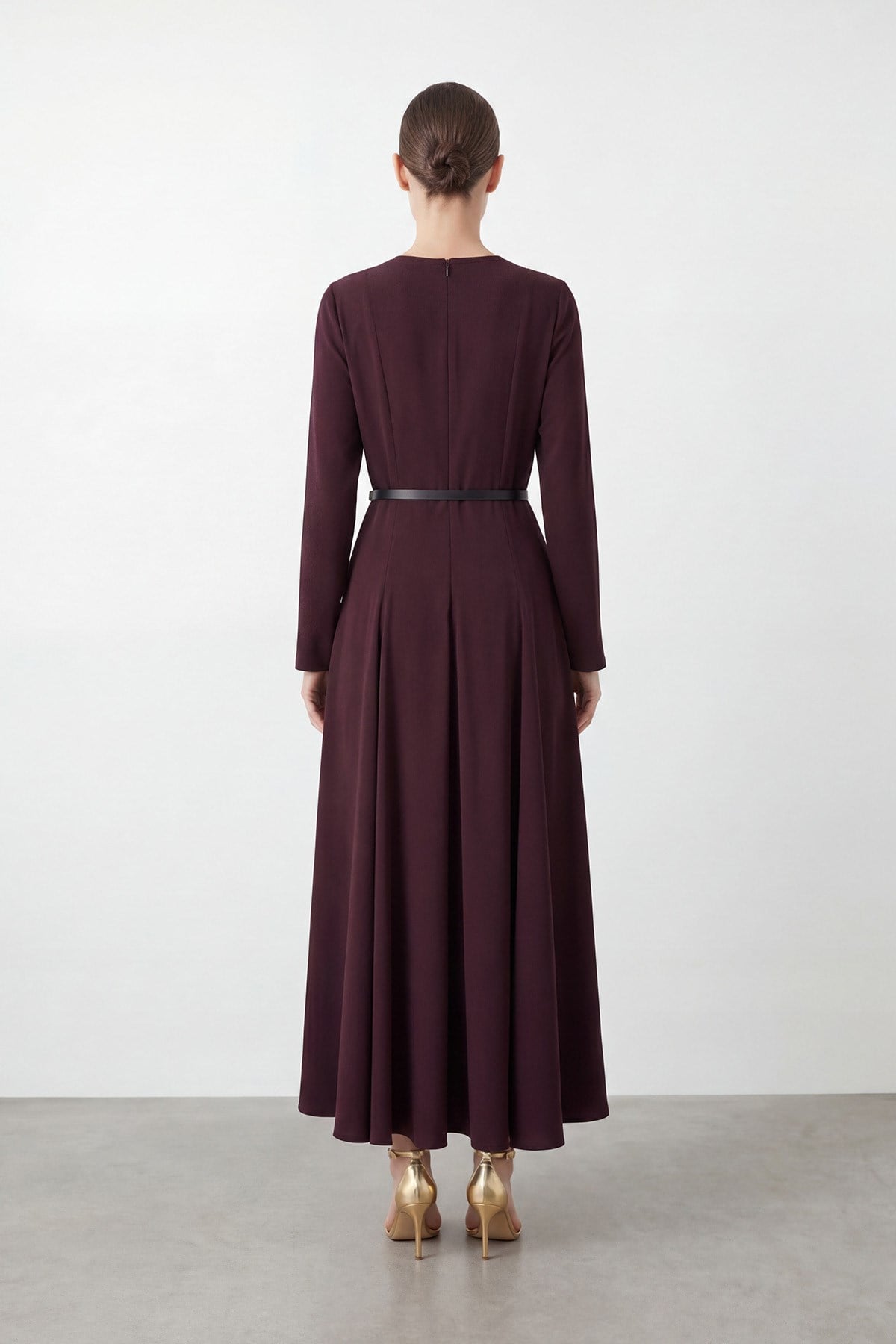 Kadın  Kemerli Maxi Elbise - 26S-12695ELB - Bordo Günlük Elbise Puane 