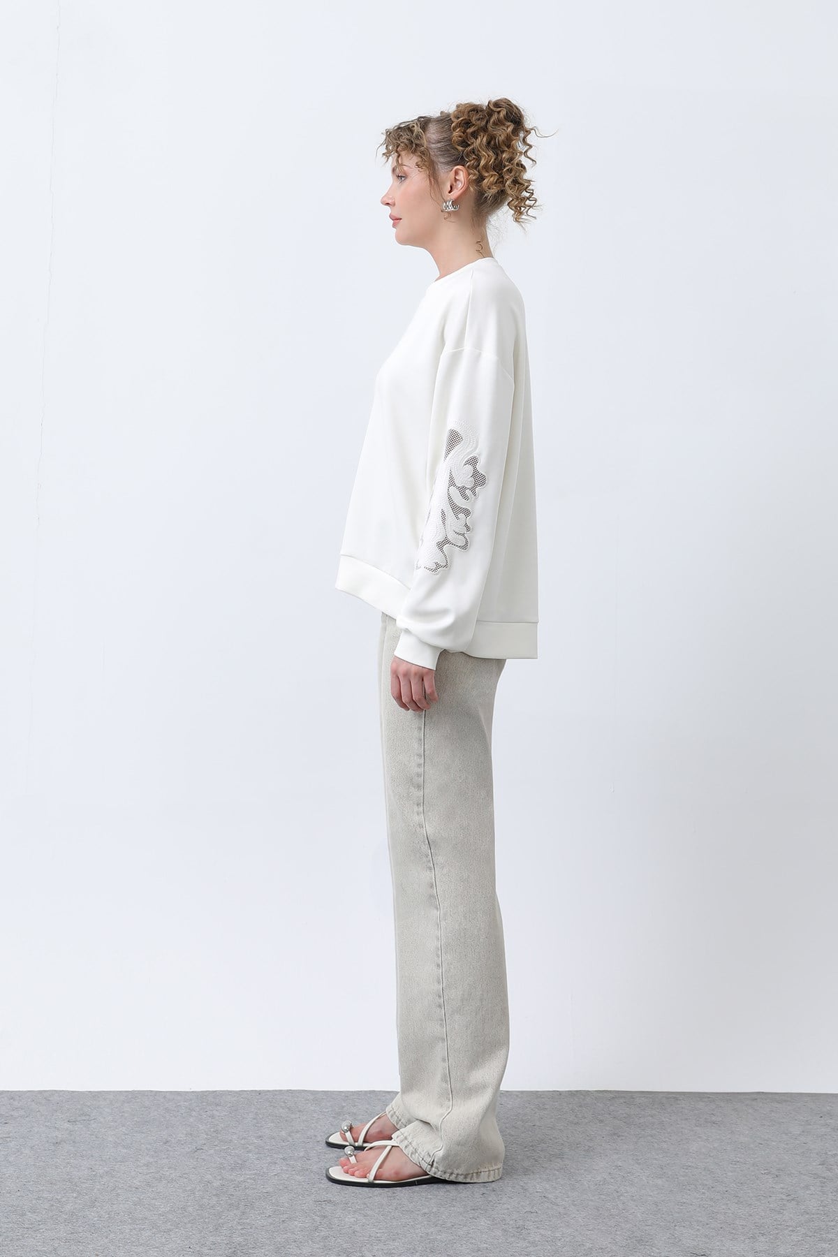 Kadın Kollar File Nakışlı Sweatshirt Ekru Tunik Soul 