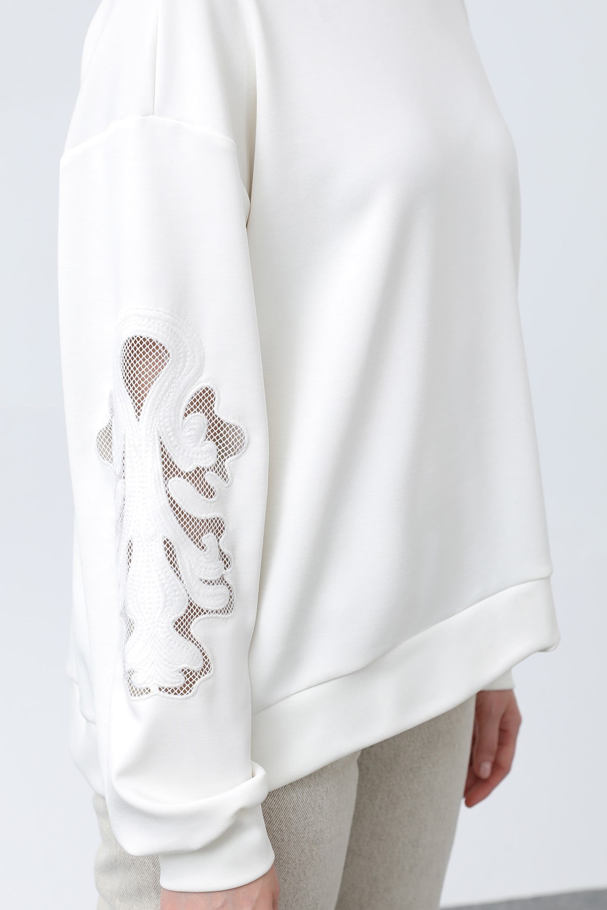 Kadın Kollar File Nakışlı Sweatshirt Ekru Tunik Soul 