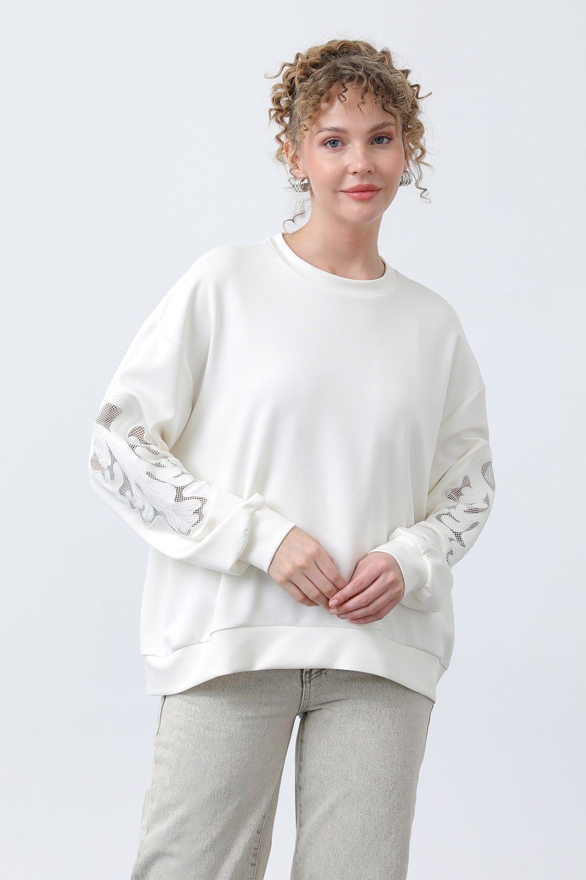 Kadın Kollar File Nakışlı Sweatshirt Ekru Tunik Soul 