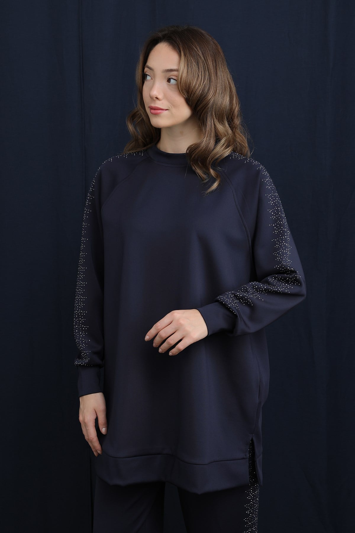 Kadın Kolları ve Pantolon Yanları Taş Detaylı Basic Takım - 14394TKS - Lacivert Eşofman Takım Puane 