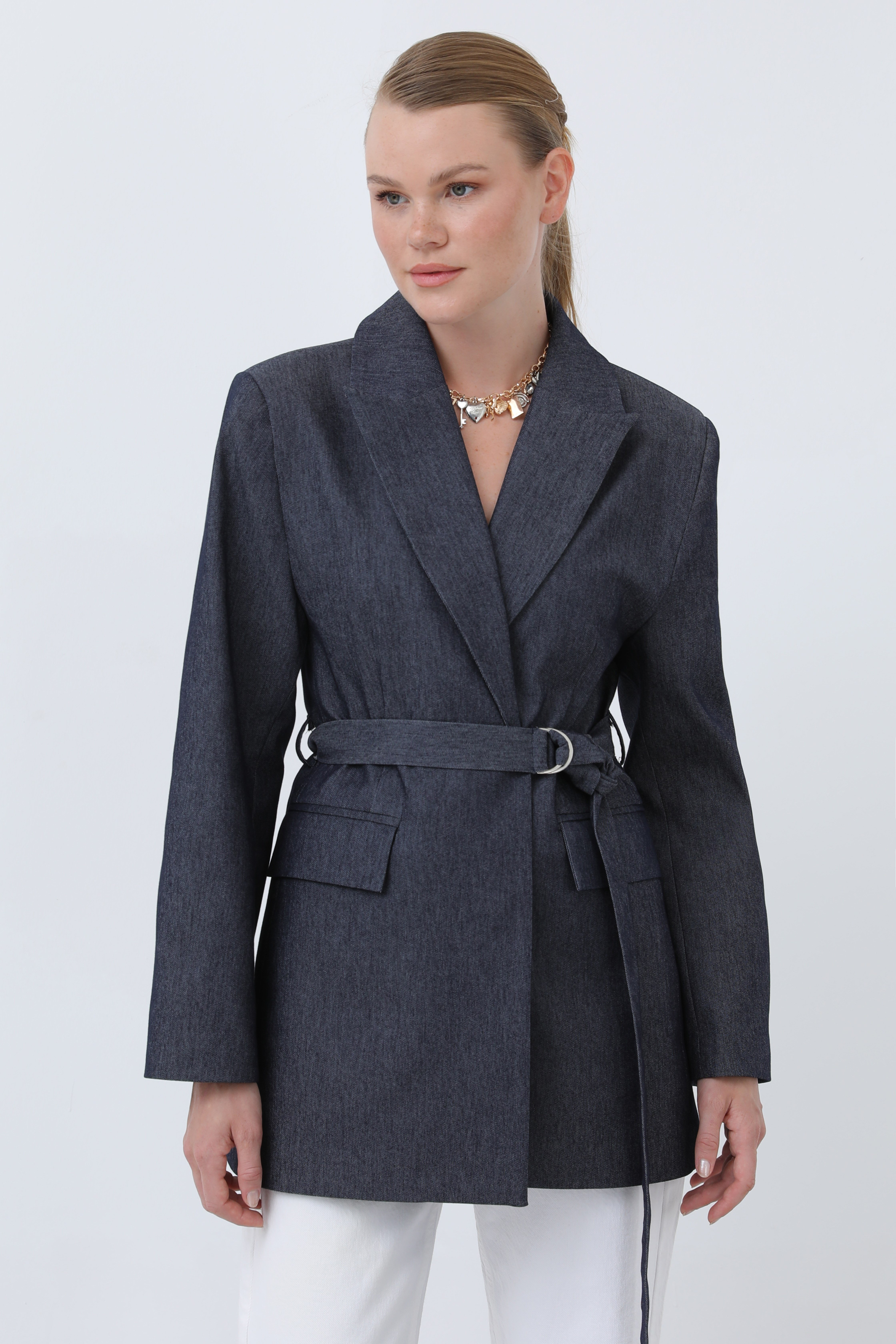 Kadın Kuşak Detaylı Vatkalı Denim Blazer Ceket - 20653CKT - Lacivert Ceket Loreen 