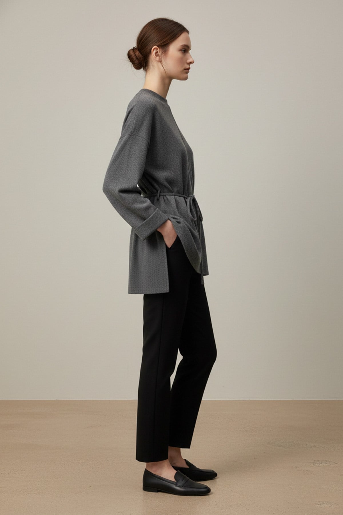 Kadın Kuşaklı Minimal Örme Tunik – 20725TBLZ - Antrasit Bluz Loreen 