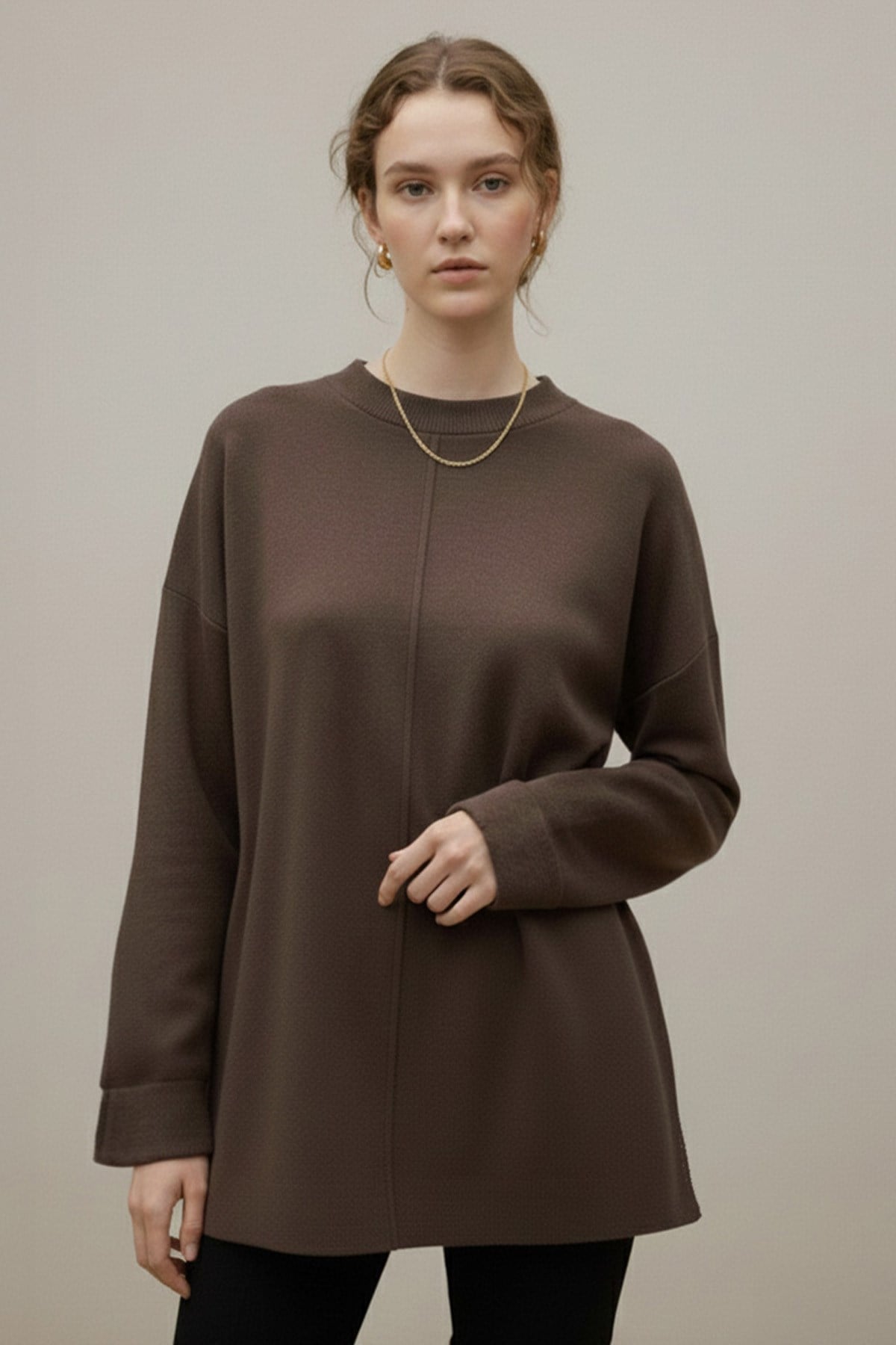 Kadın Kuşaklı Minimal Örme Tunik – 20725TBLZ - Kahverengi Bluz Loreen 
