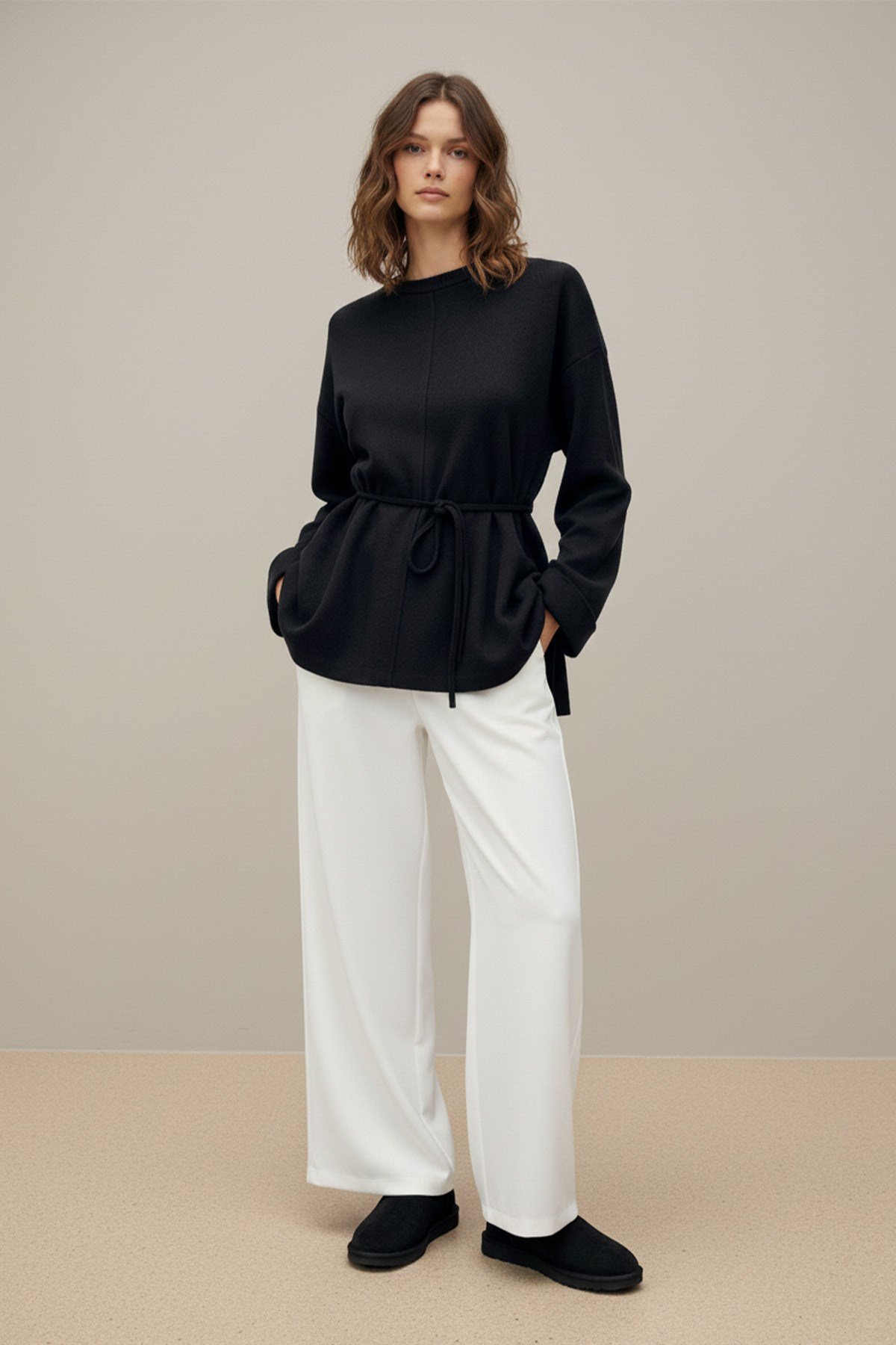 Kadın Kuşaklı Minimal Örme Tunik – 20725TBLZ - Siyah Bluz Loreen 