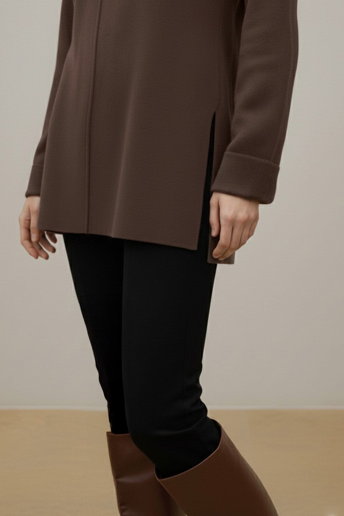 Kadın Kuşaklı Minimal Örme Tunik – 20725TBLZ - Kahverengi Bluz Loreen 