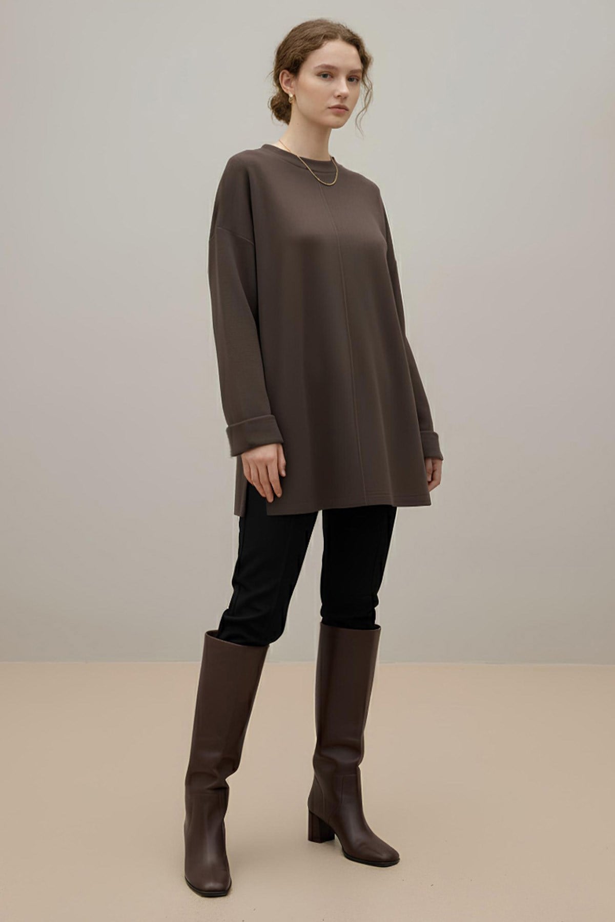 Kadın Kuşaklı Minimal Örme Tunik – 20725TBLZ - Kahverengi Bluz Loreen 