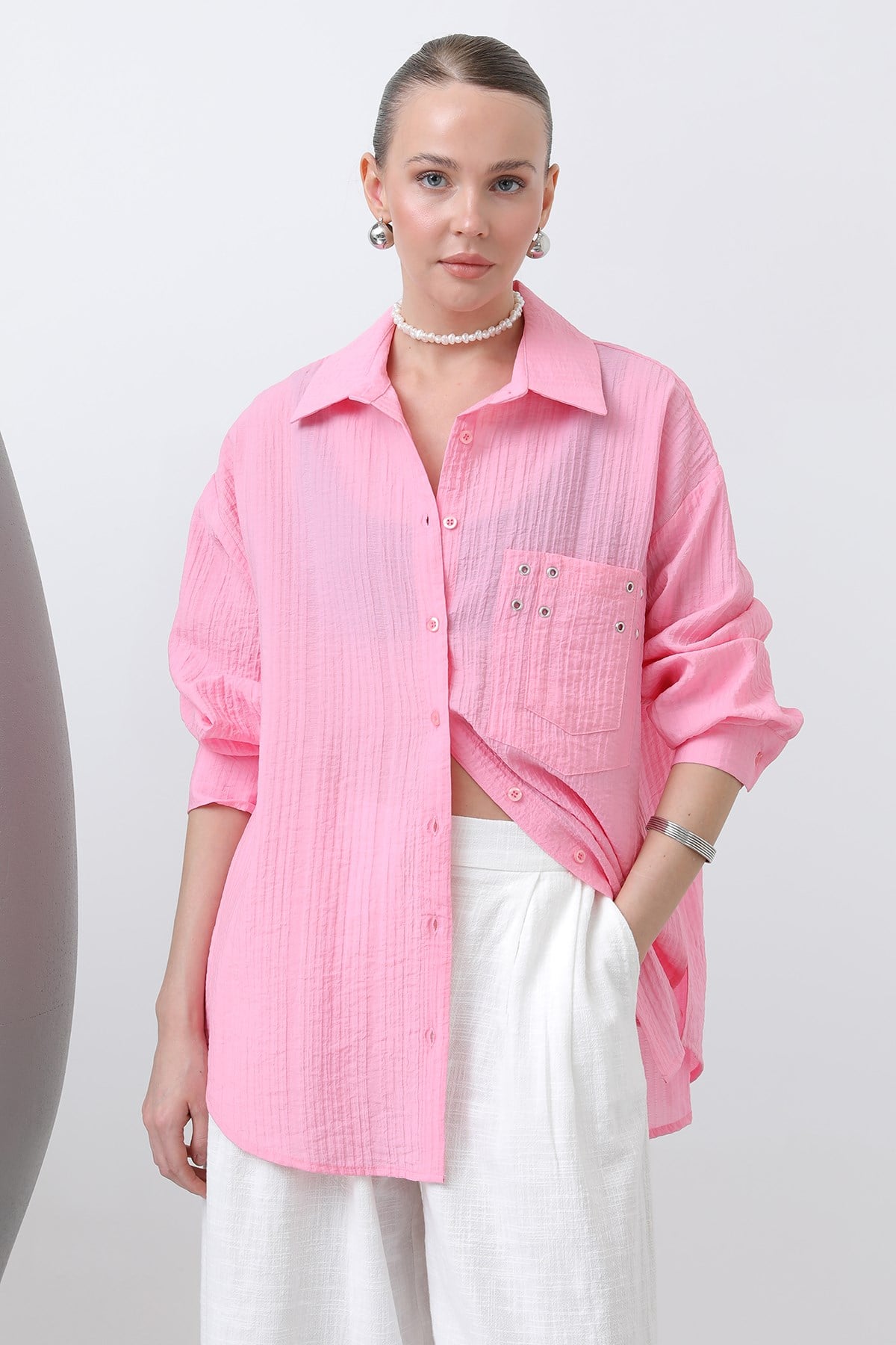 Kadın Kuşgözü Detaylı Gömlek -32250GML - Pembe Gömlek Soul 