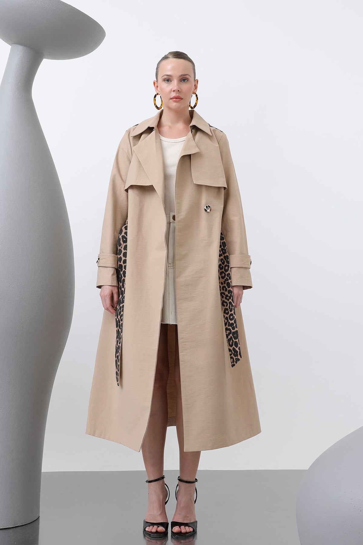 Kadın Leopar Garnili Trench - 32113TRC - Deve Tüyü Trençkot Soul 