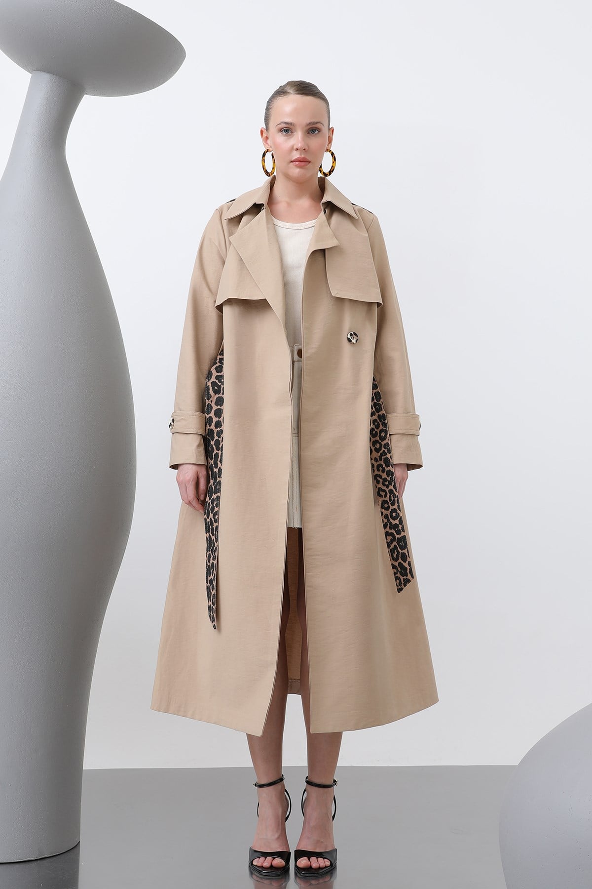 Kadın Leopar Garnili Trench - 32113TRC - Deve Tüyü Trençkot Soul 