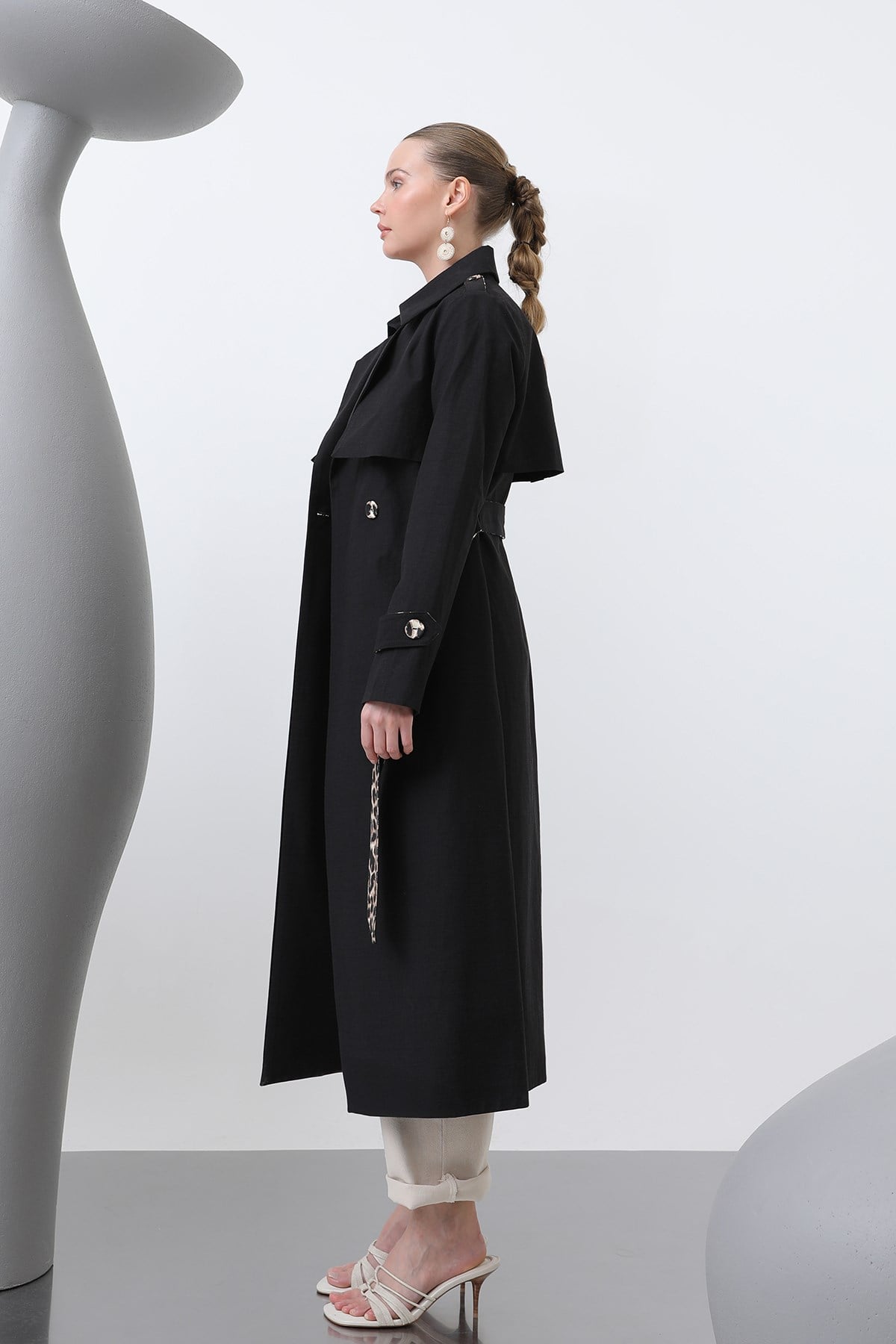 Kadın Leopar Garnili Trench - 32113TRC Siyah Trençkot Soul 