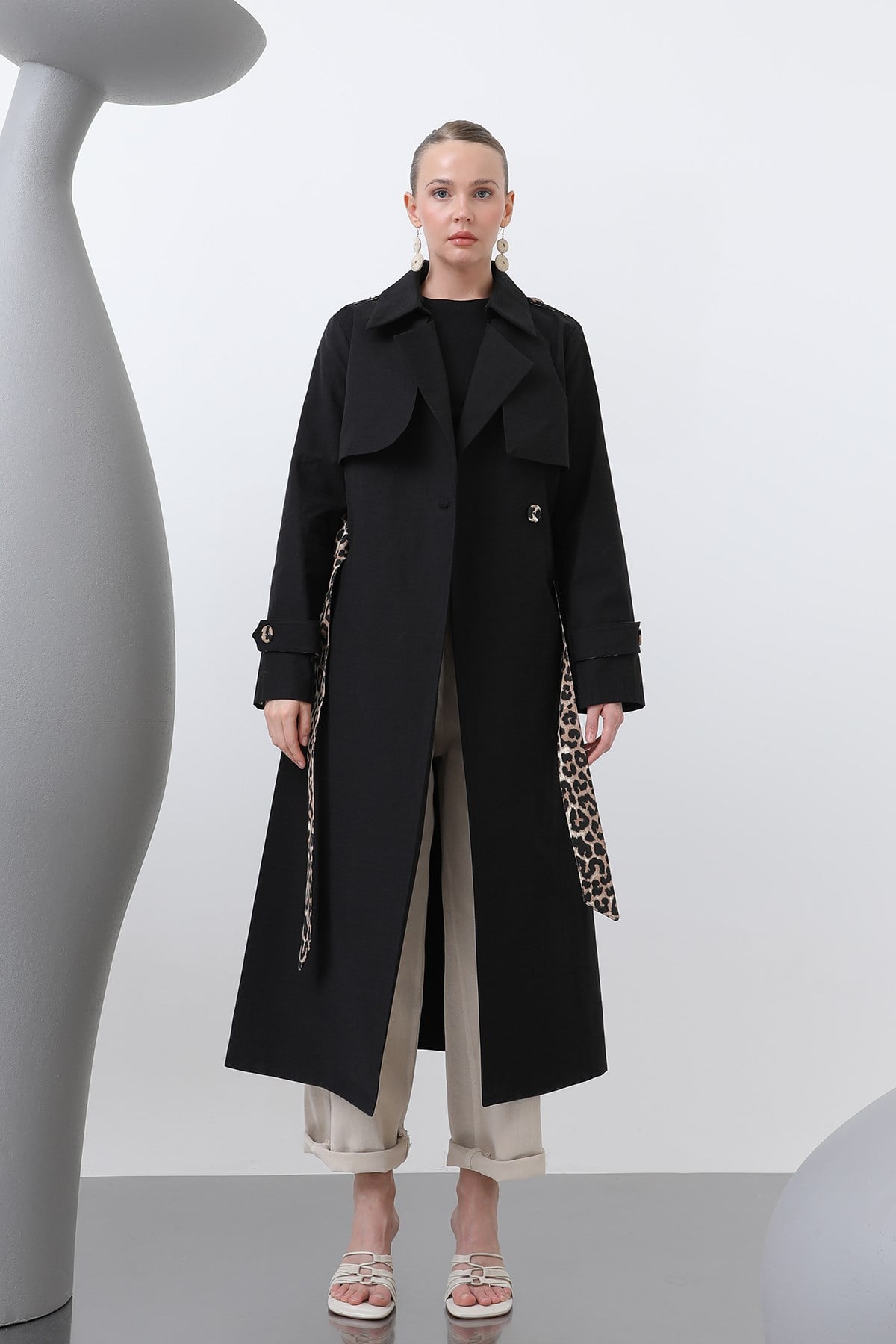 Kadın Leopar Garnili Trench - 32113TRC Siyah Trençkot Soul 