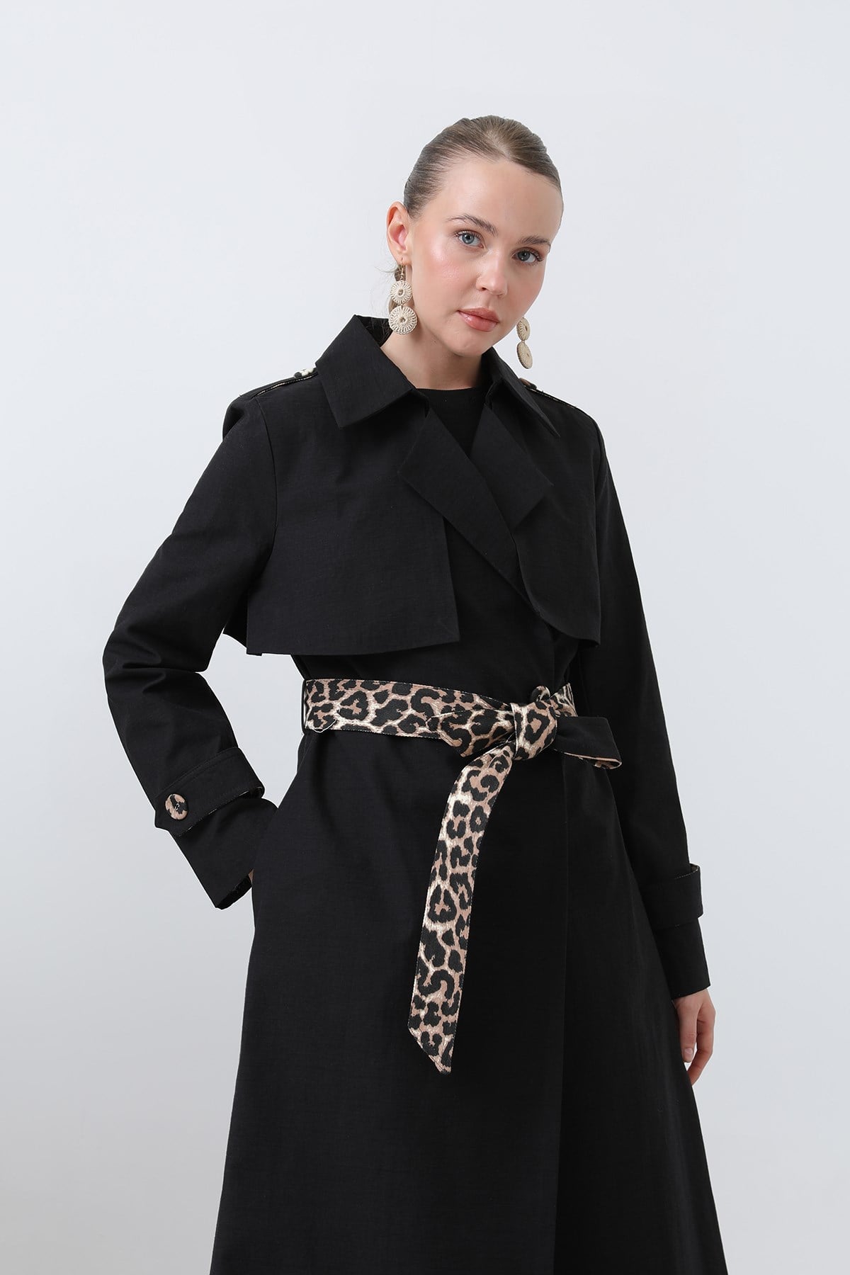 Kadın Leopar Garnili Trench - 32113TRC Siyah Trençkot Soul 