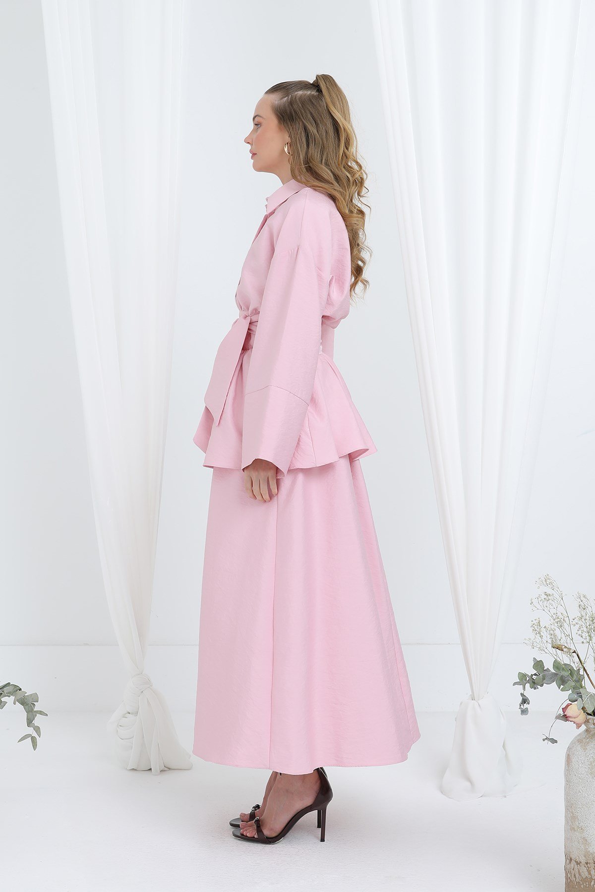 Kadın Luna Kuşaklı Minimal Etekli Takım -20682TKS - Pembe İkili Takımlar Loreen 