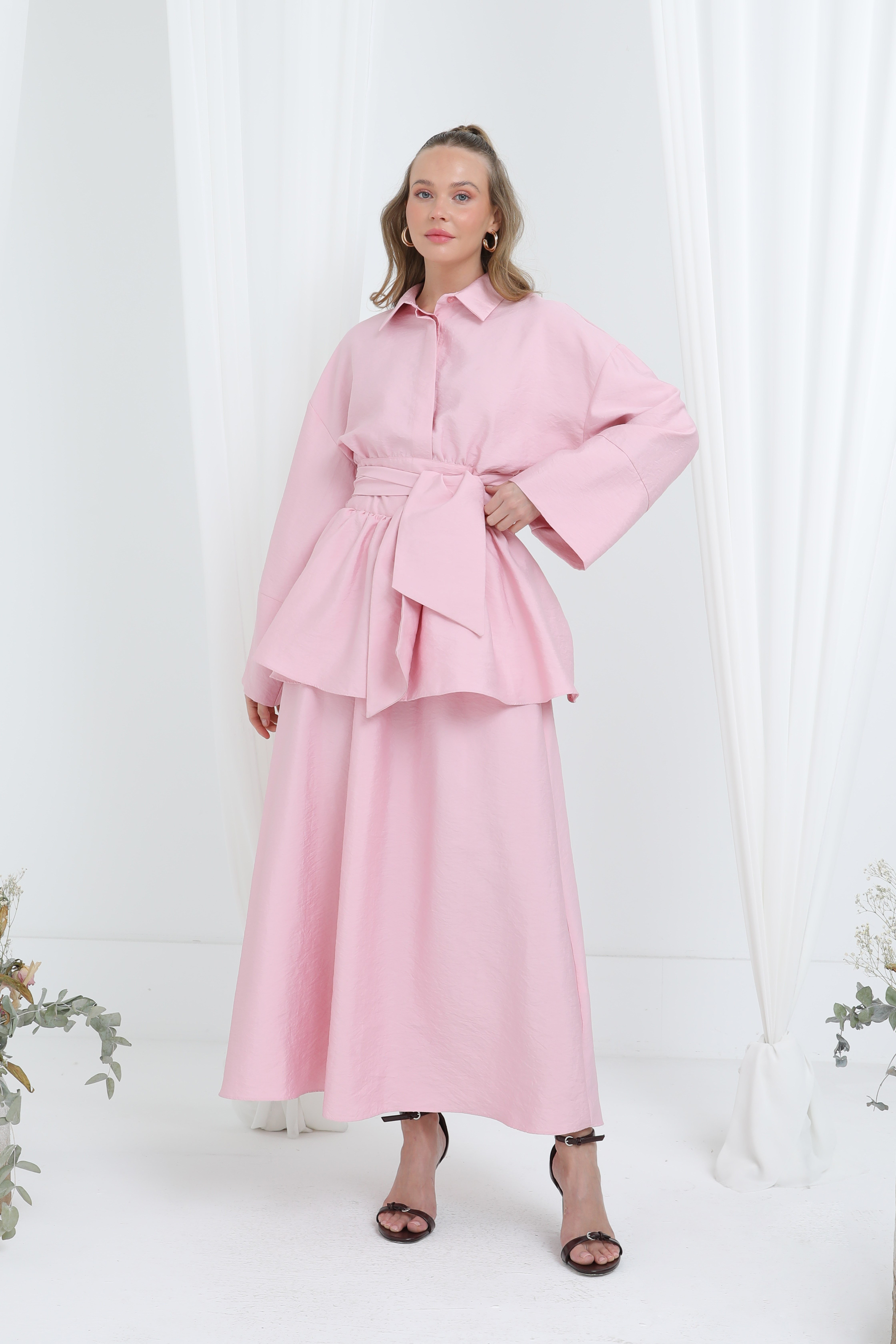 Kadın Luna Kuşaklı Minimal Etekli Takım -20682TKS - Pembe İkili Takımlar Loreen 