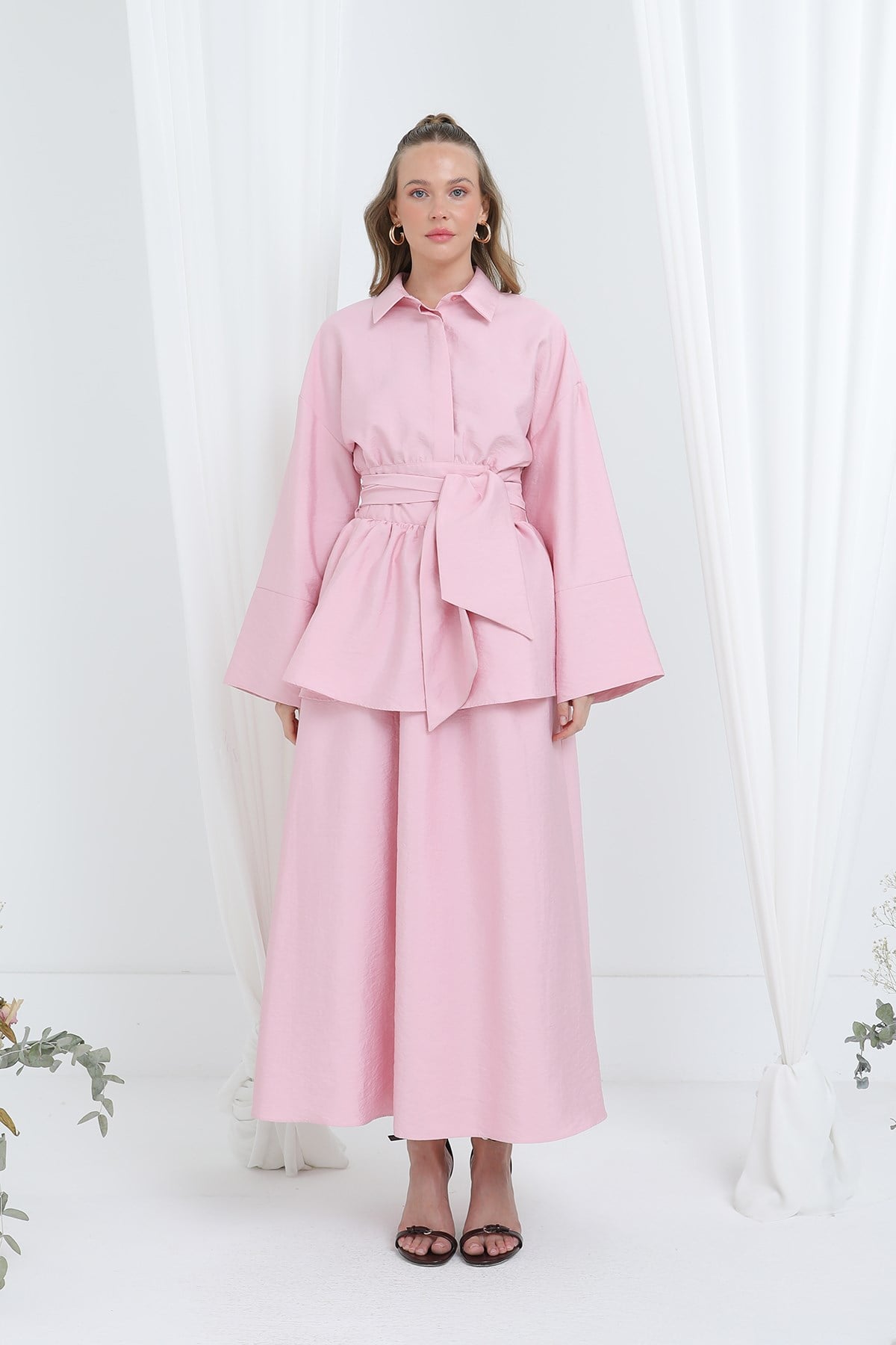 Kadın Luna Kuşaklı Minimal Etekli Takım -20682TKS - Pembe İkili Takımlar Loreen 