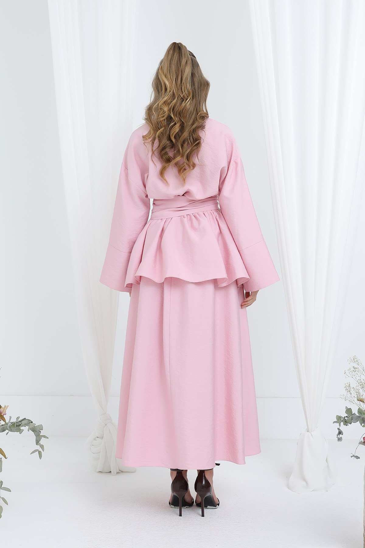 Kadın Luna Kuşaklı Minimal Etekli Takım -20682TKS - Pembe İkili Takımlar Loreen 
