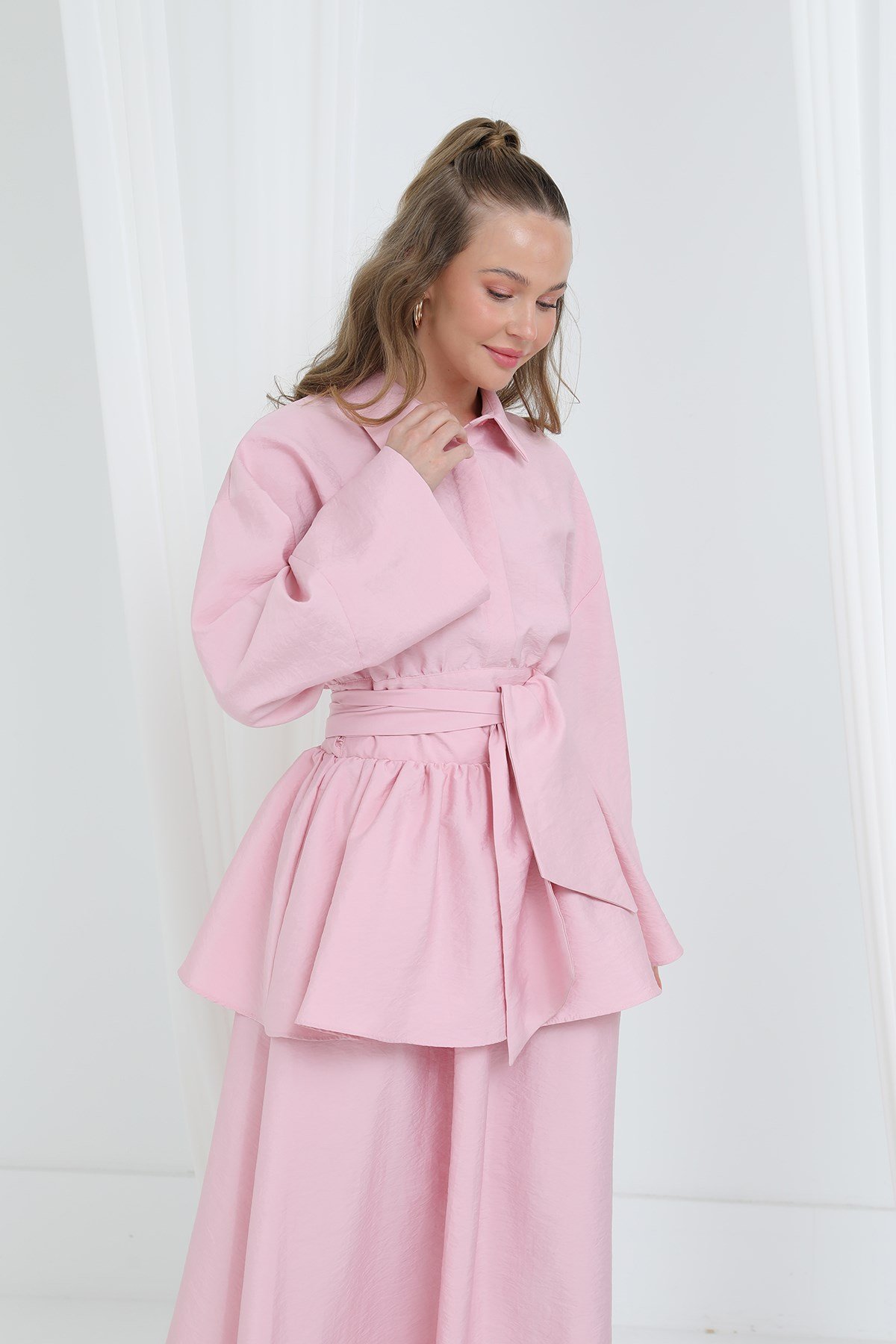 Kadın Luna Kuşaklı Minimal Etekli Takım -20682TKS - Pembe İkili Takımlar Loreen 