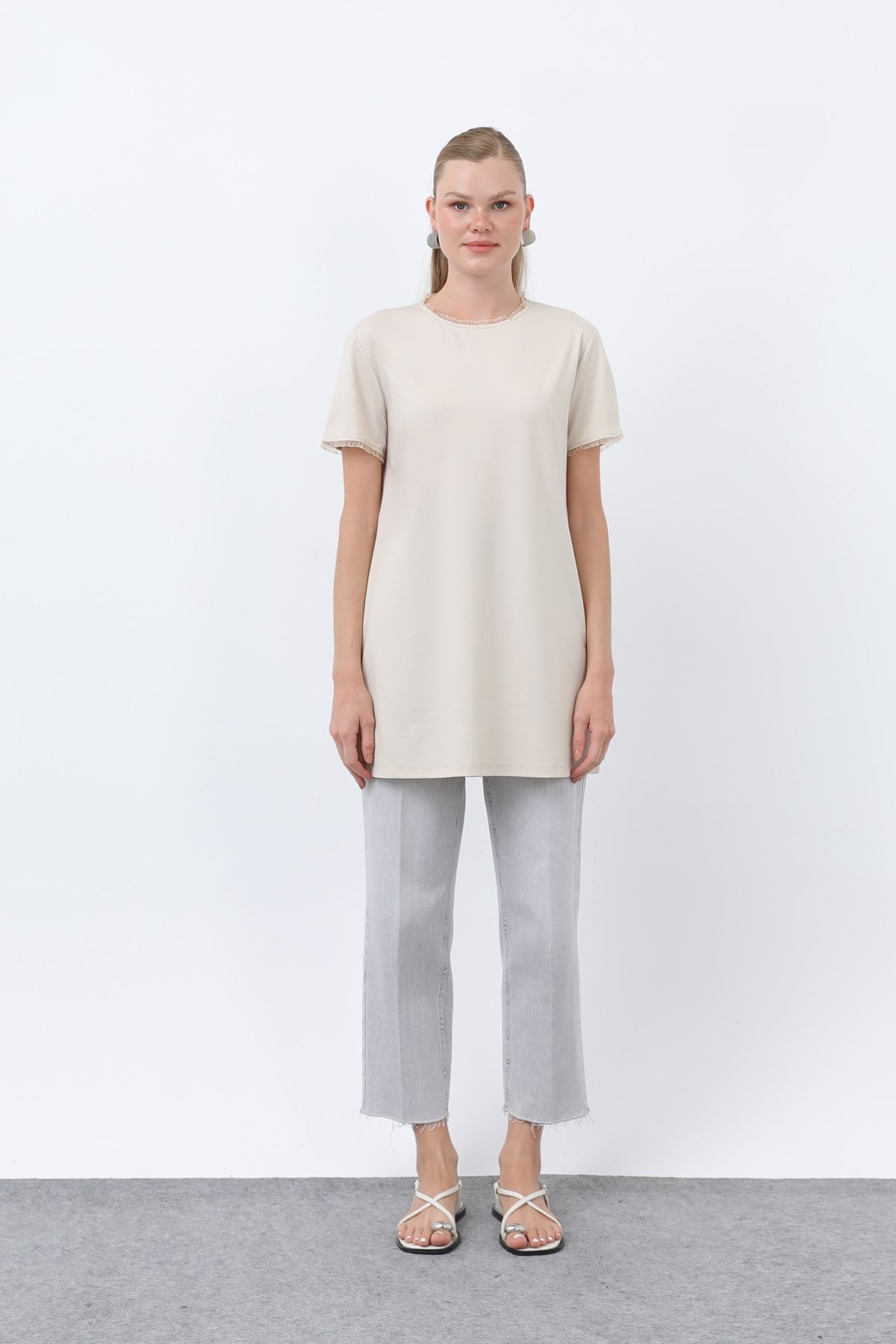 Kadın Minimalist Ribana Detaylı Basic T-Shirt-40013TSH - Bej Tshirt Puane 