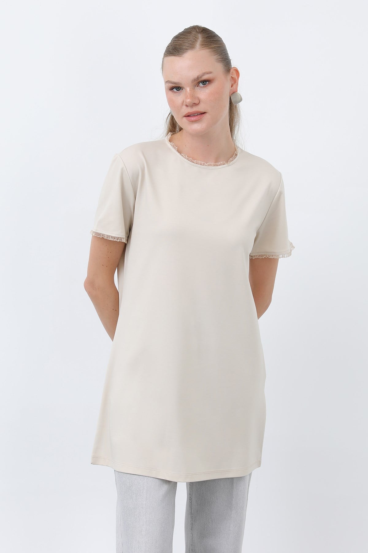 Kadın Minimalist Ribana Detaylı Basic T-Shirt-40013TSH - Bej Tshirt Puane 