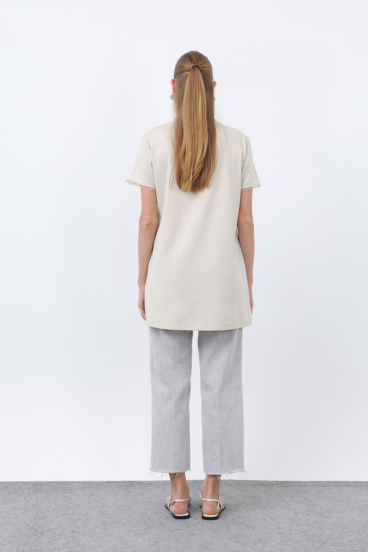 Kadın Minimalist Ribana Detaylı Basic T-Shirt-40013TSH - Bej Tshirt Puane 