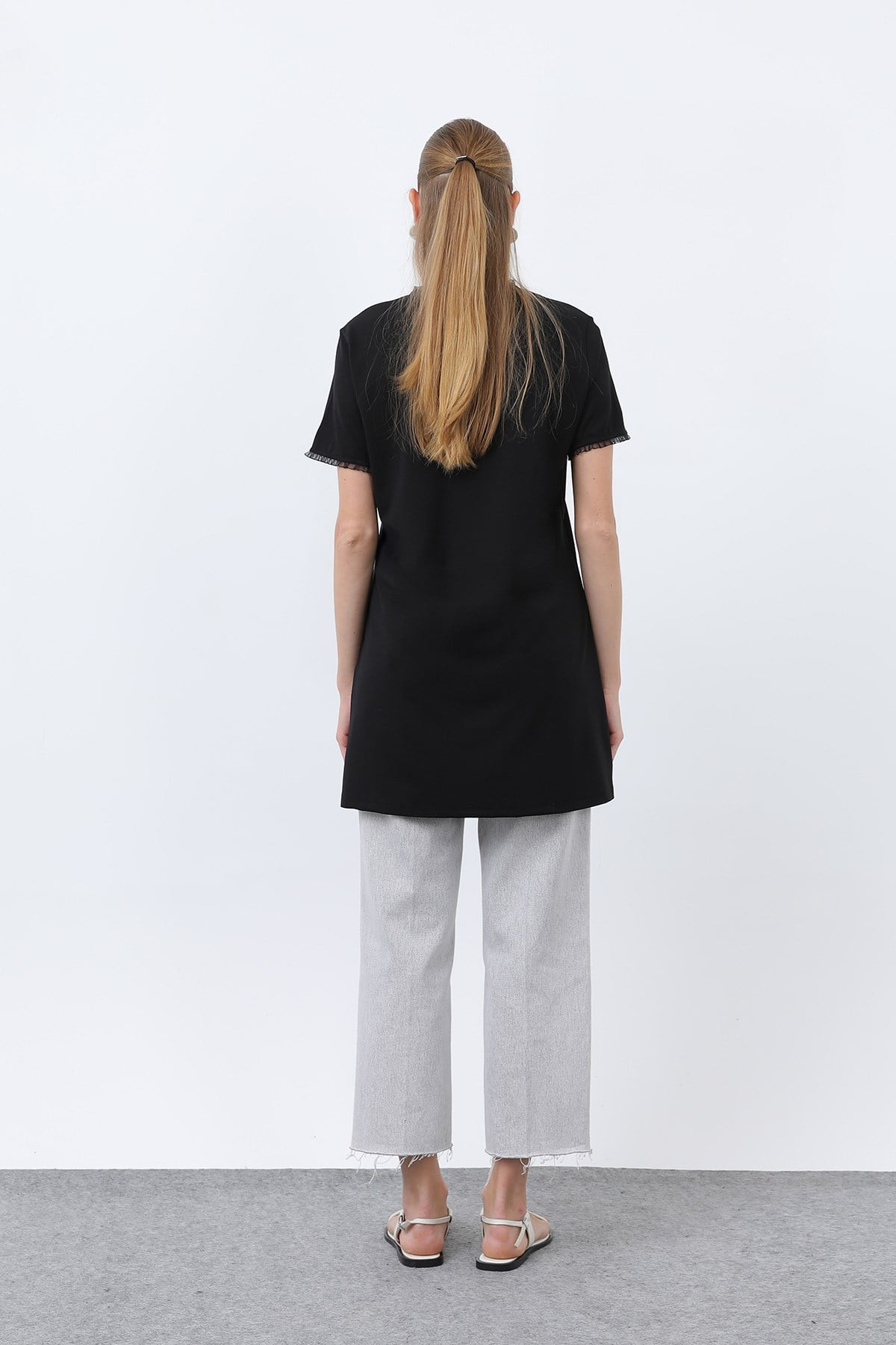 Kadın Minimalist Ribana Detaylı Basic T-Shirt-40013TSH - Siyah Tshirt Puane 