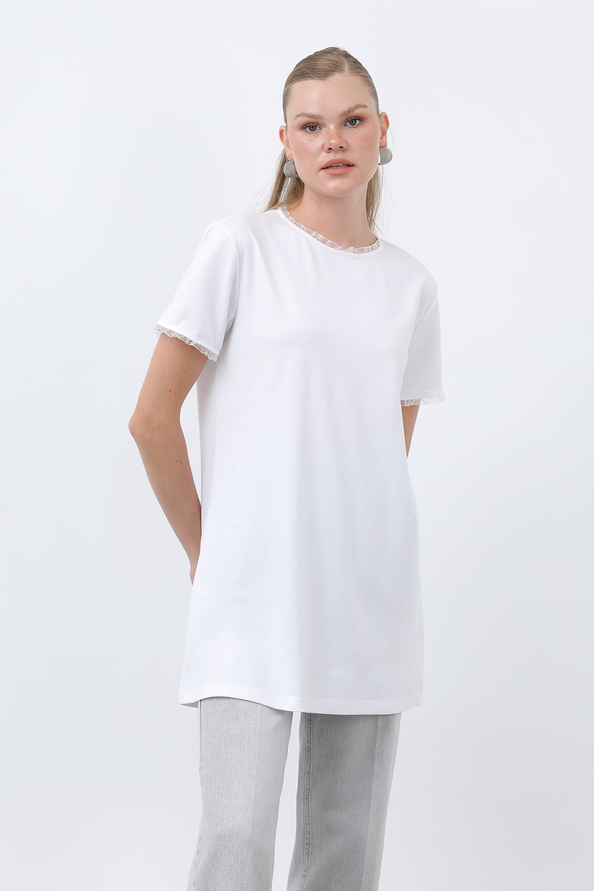 Kadın Minimalist Ribana Detaylı Basic T-Shirt-40013TSH - Ekru Tshirt Puane 