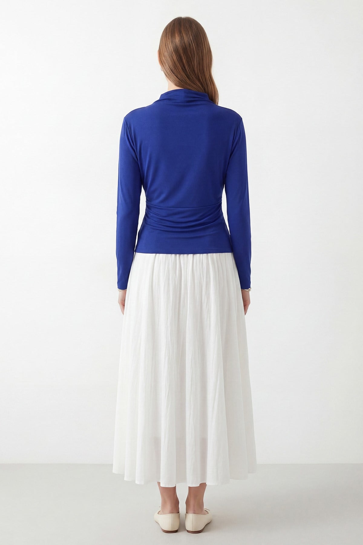 Kadın Modern Kesim Drapeli  Bluz -10785BLZ - Saks Mavisi Bluz Puane 