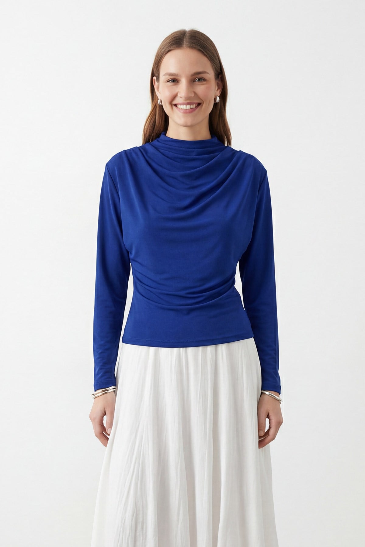 Kadın Modern Kesim Drapeli  Bluz -10785BLZ - Saks Mavisi Bluz Puane 