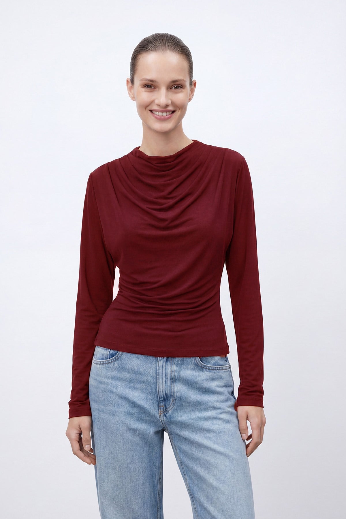 Kadın Modern Kesim Drapeli  Bluz -10785BLZ Bordo Bluz Puane 