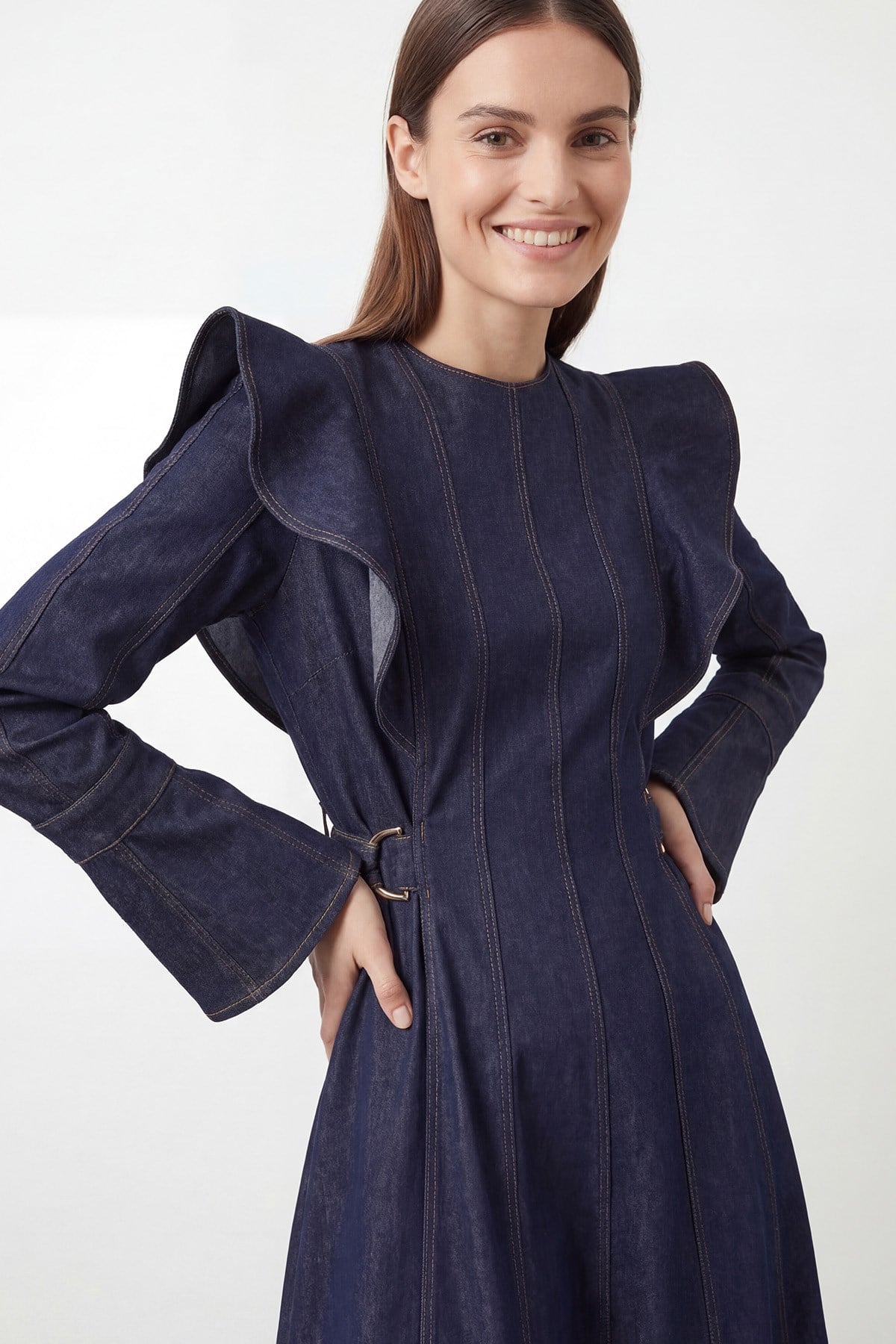 Kadın Omuz Fırfır Detaylı Uzun Denim Elbise -20766ELB - Lacivert Günlük Elbise Loreen 