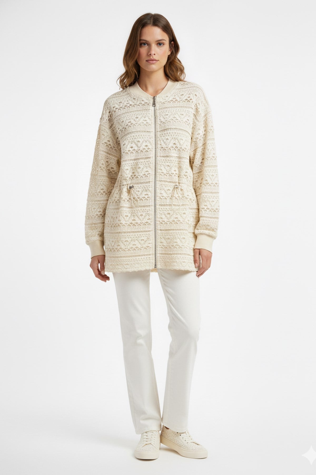 Kadın Örgü Dokulu Fermuarlı Ceket-10757 - Bej Tunik Puane 
