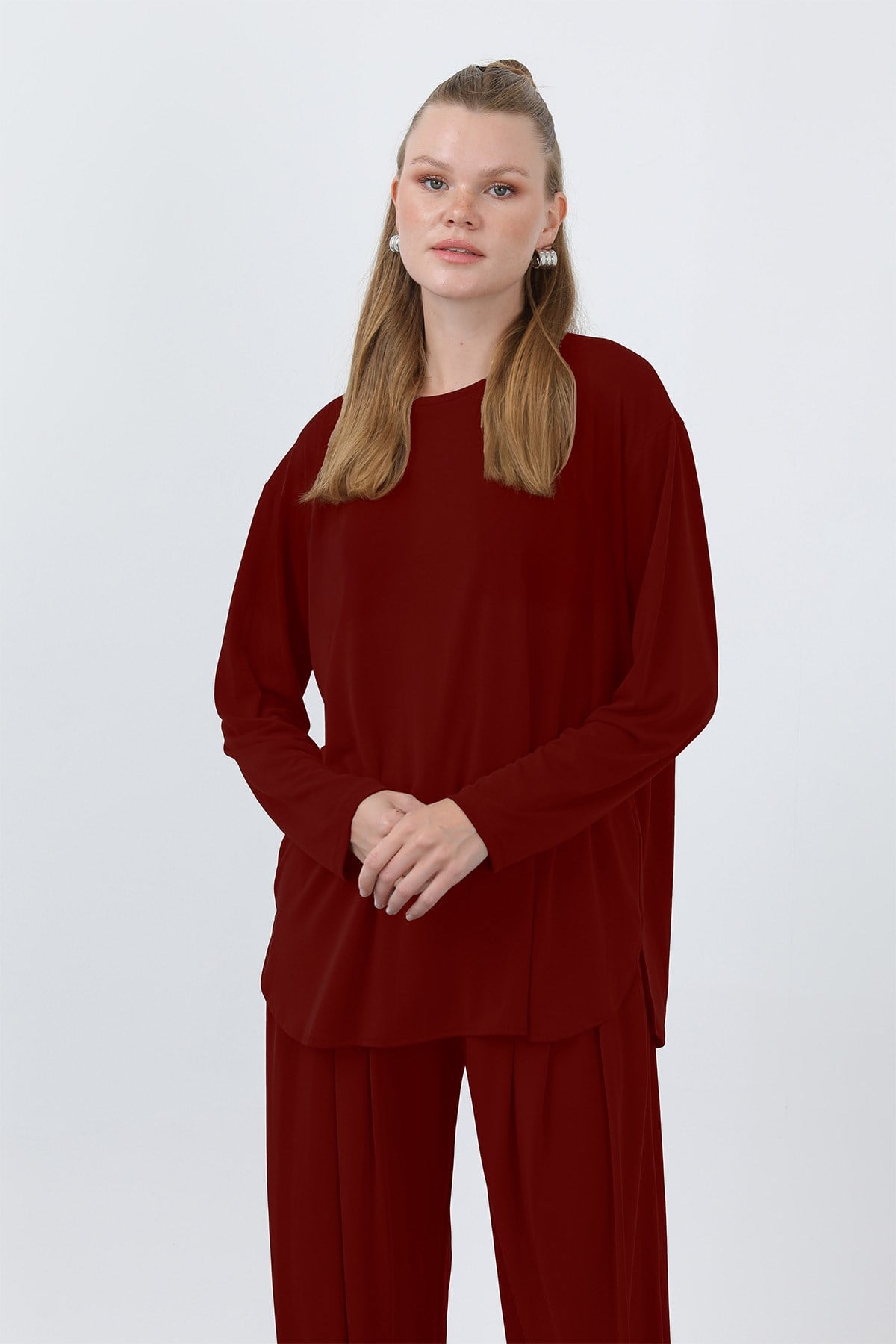 Kadın Oversize Viskon Relax Takım-20663TKS - Bordo İkili Takımlar Loreen 