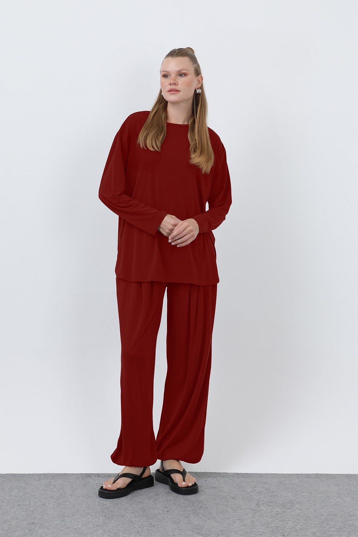 Kadın Oversize Viskon Relax Takım-20663TKS - Bordo İkili Takımlar Loreen 