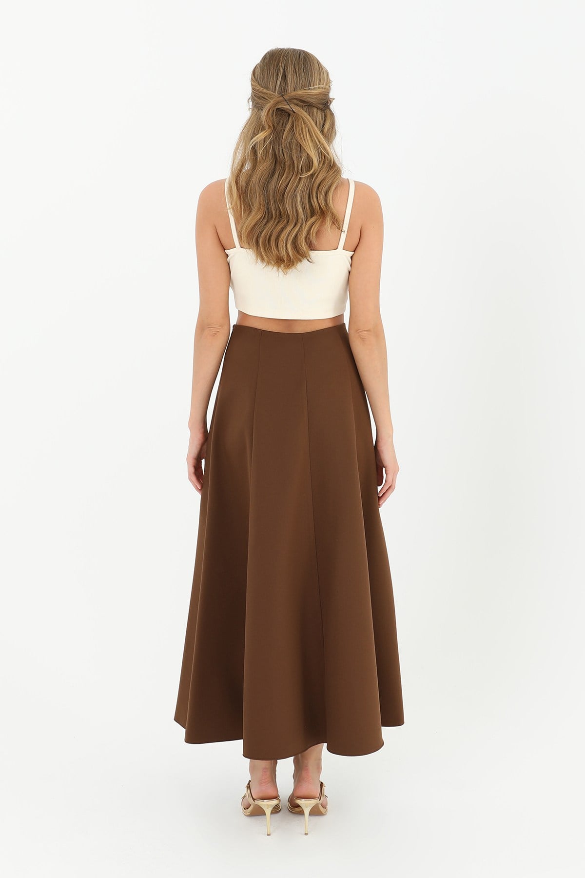 Kadın Parçalı Kloş Etek Kahverengi Etek Puane 
