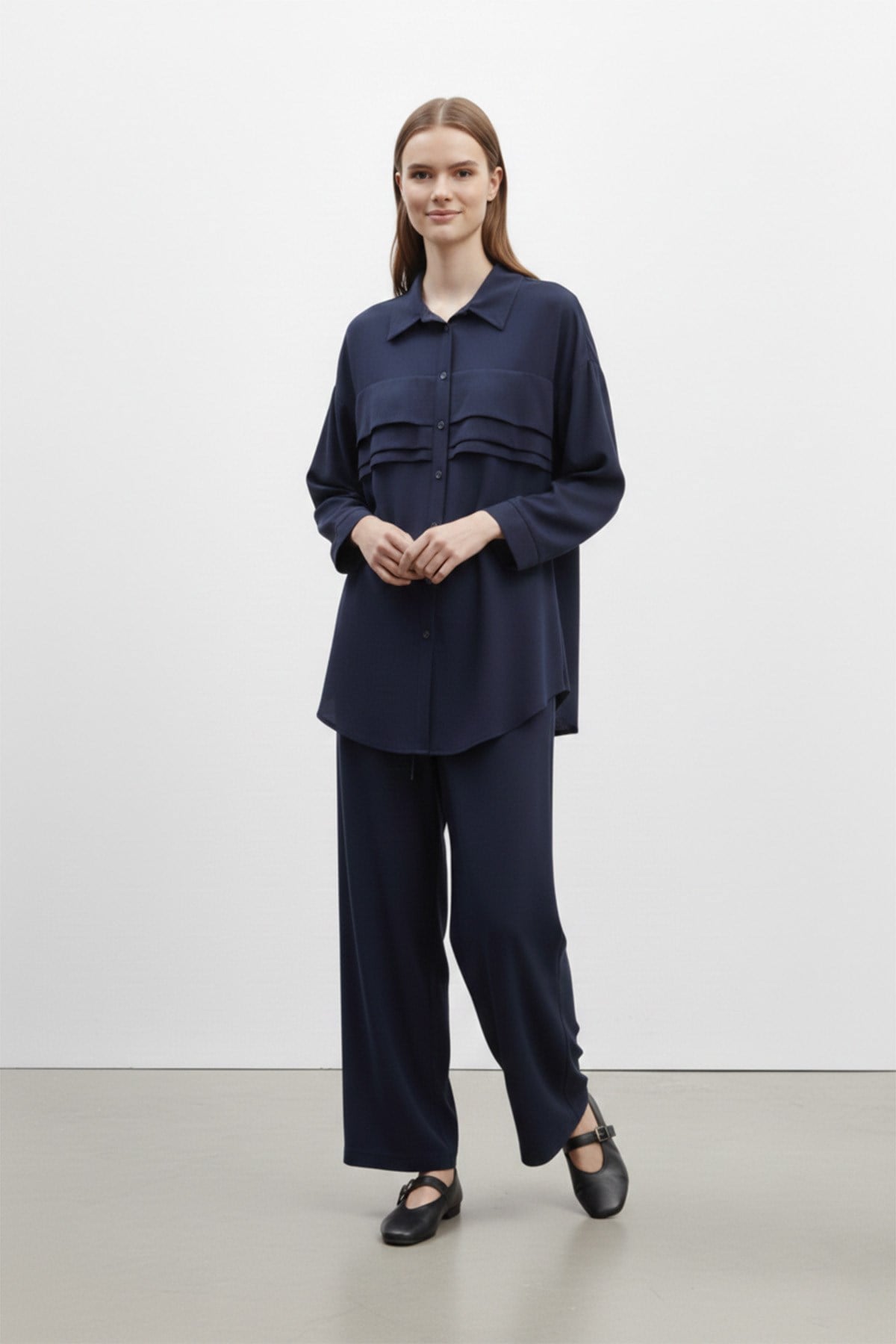 Kadın Pile Detaylı  Fit Takım -14423TKS - Lacivert İkili Takımlar Puane 