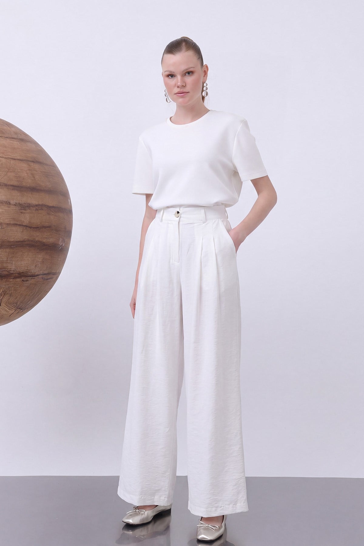 Kadın Pileli Basic Pantolon -32233PNT - Ekru Pantolon Soul 
