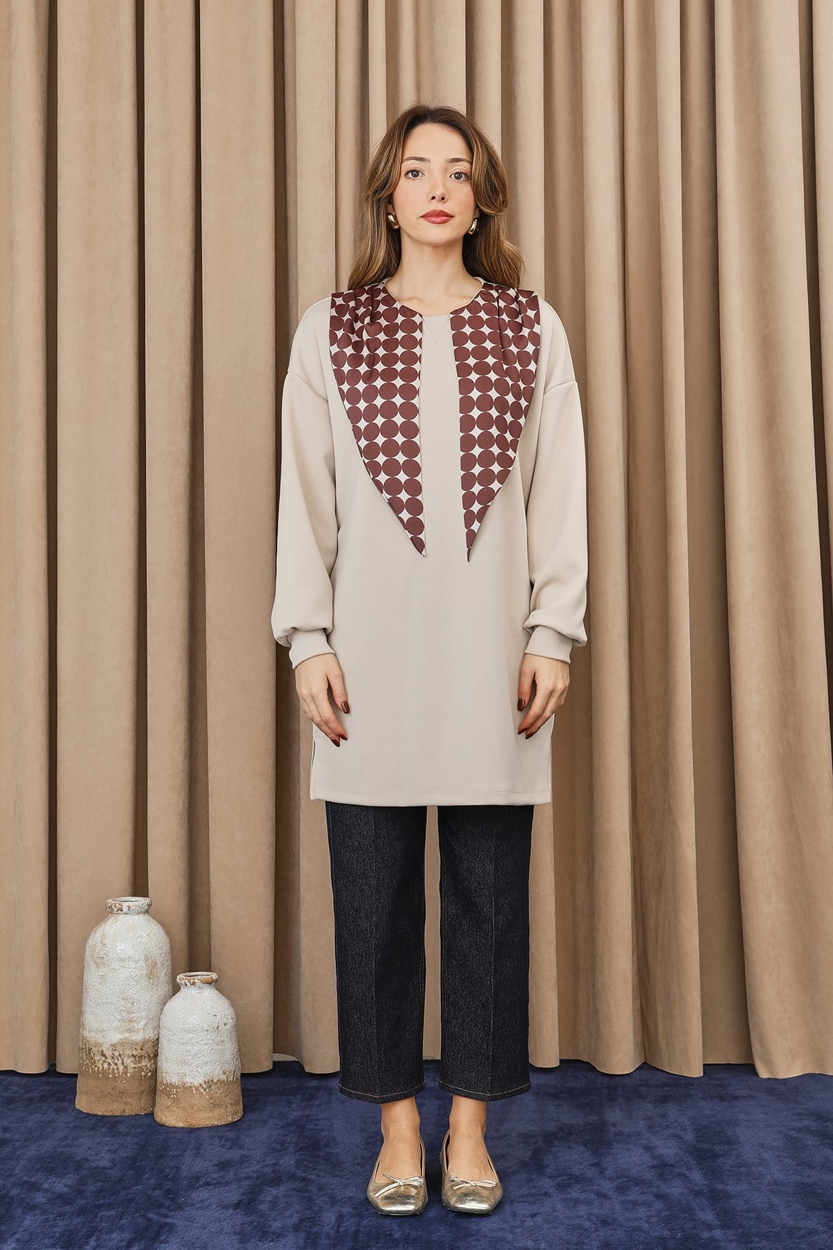 Kadın Puantiye Detaylı Basic Tunik - 10742TUN - Taş Tunik Puane 