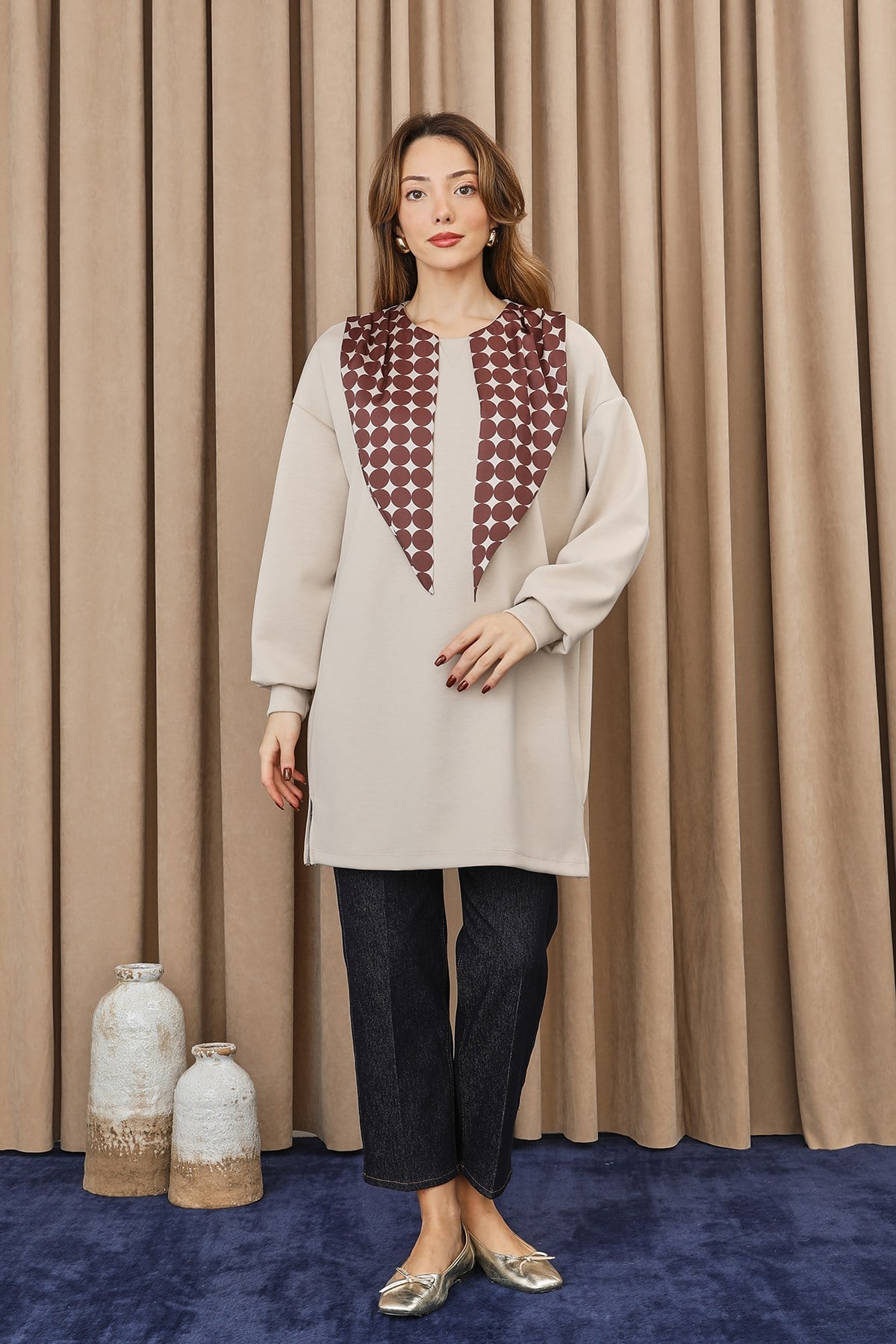 Kadın Puantiye Detaylı Basic Tunik - 10742TUN - Taş Tunik Puane 