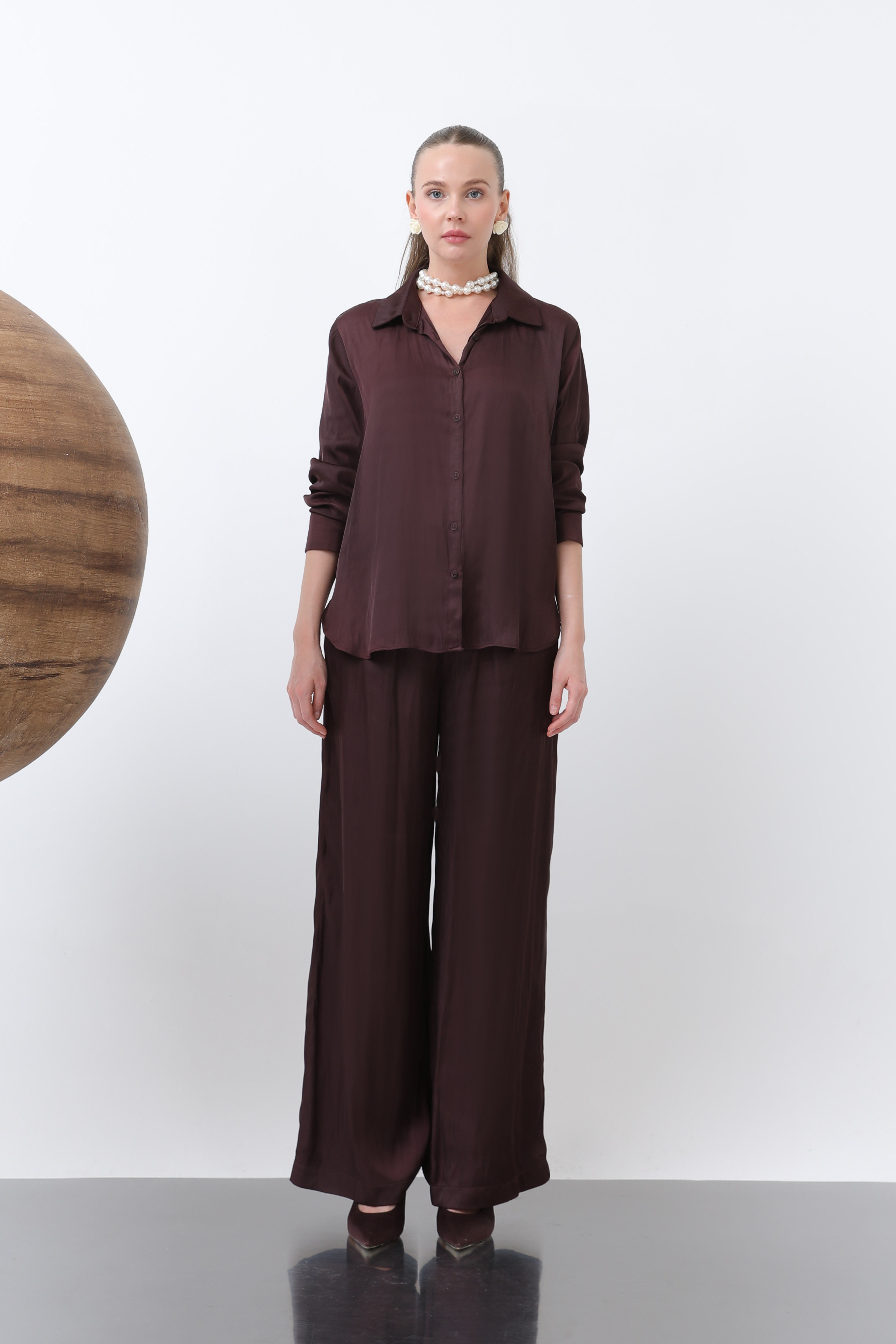 Kadın Saten Gömlek - 32258GML - Bordo Gömlek Soul 