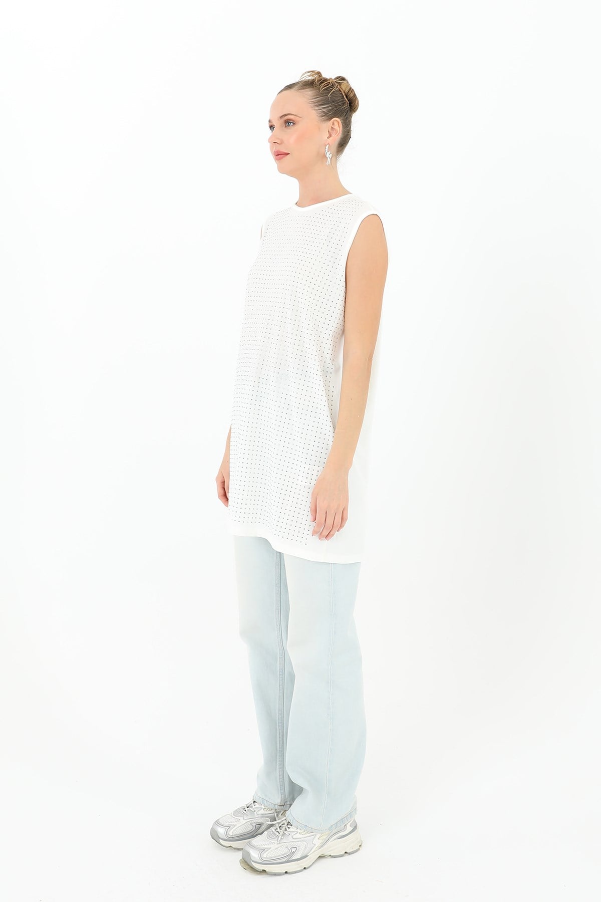 Kadın Sıfır Kol Taşlı Tunik -24S-10525TUN Ekru Tunik Puane 