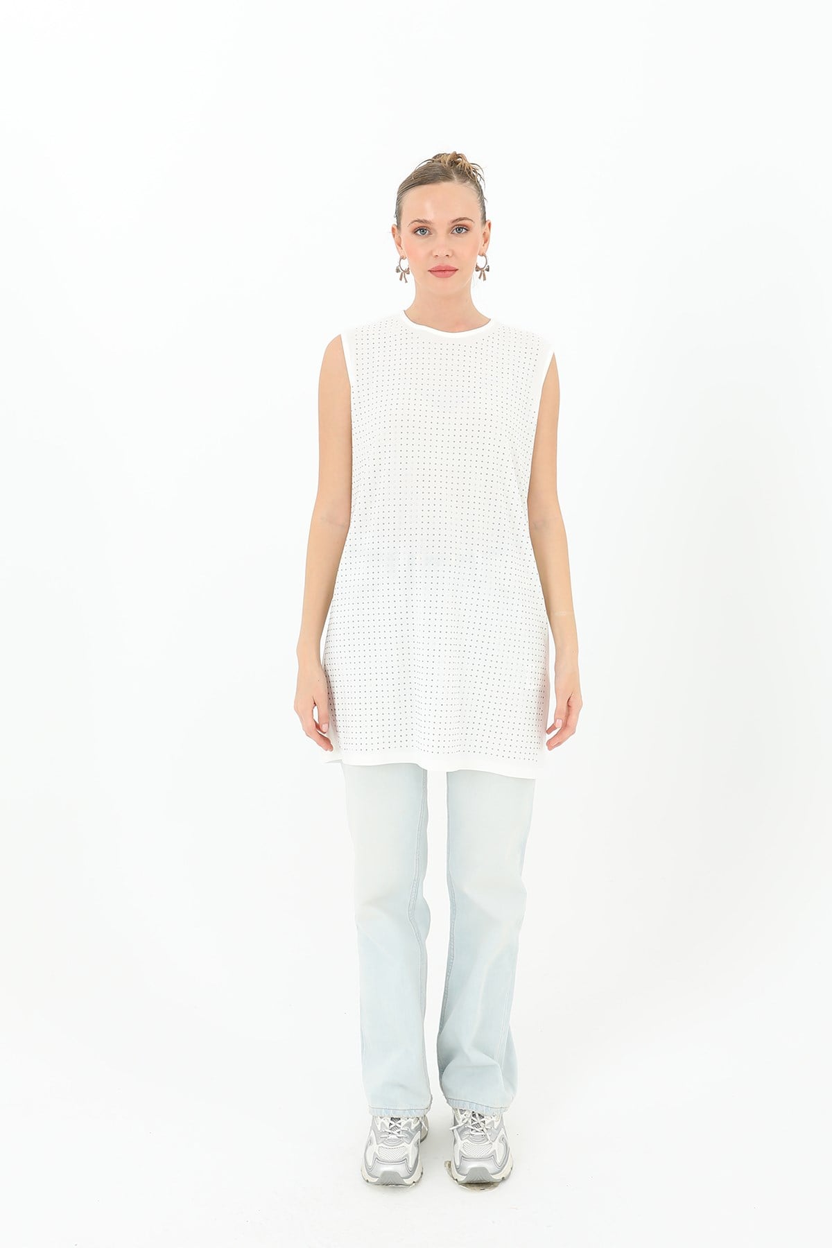 Kadın Sıfır Kol Taşlı Tunik -24S-10525TUN Ekru Tunik Puane 