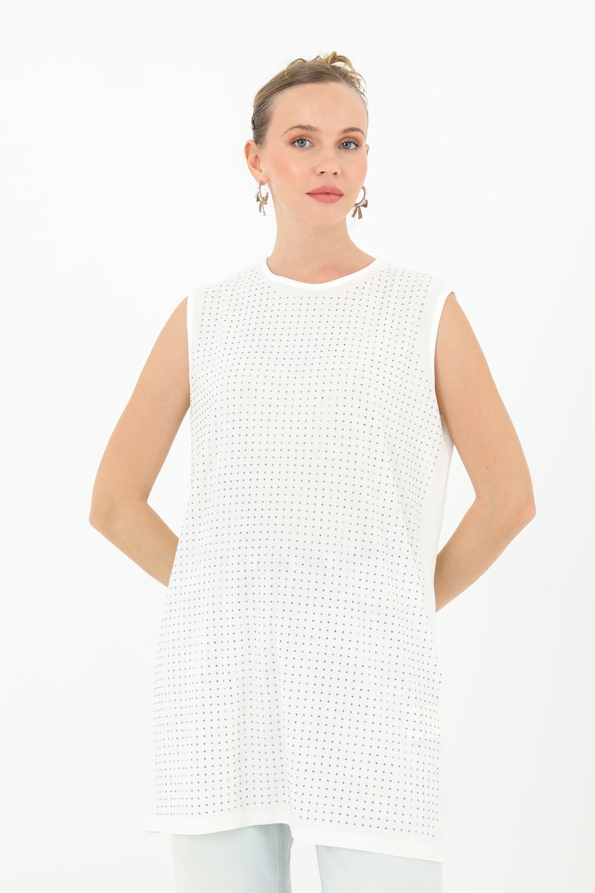 Kadın Sıfır Kol Taşlı Tunik -24S-10525TUN Ekru Tunik Puane 