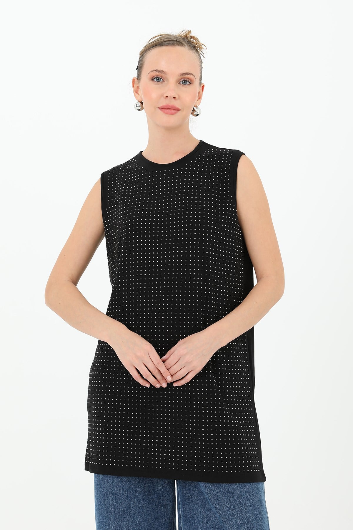 Kadın Sıfır Kol Taşlı Tunik -24S-10525TUN Siyah Tunik Puane 